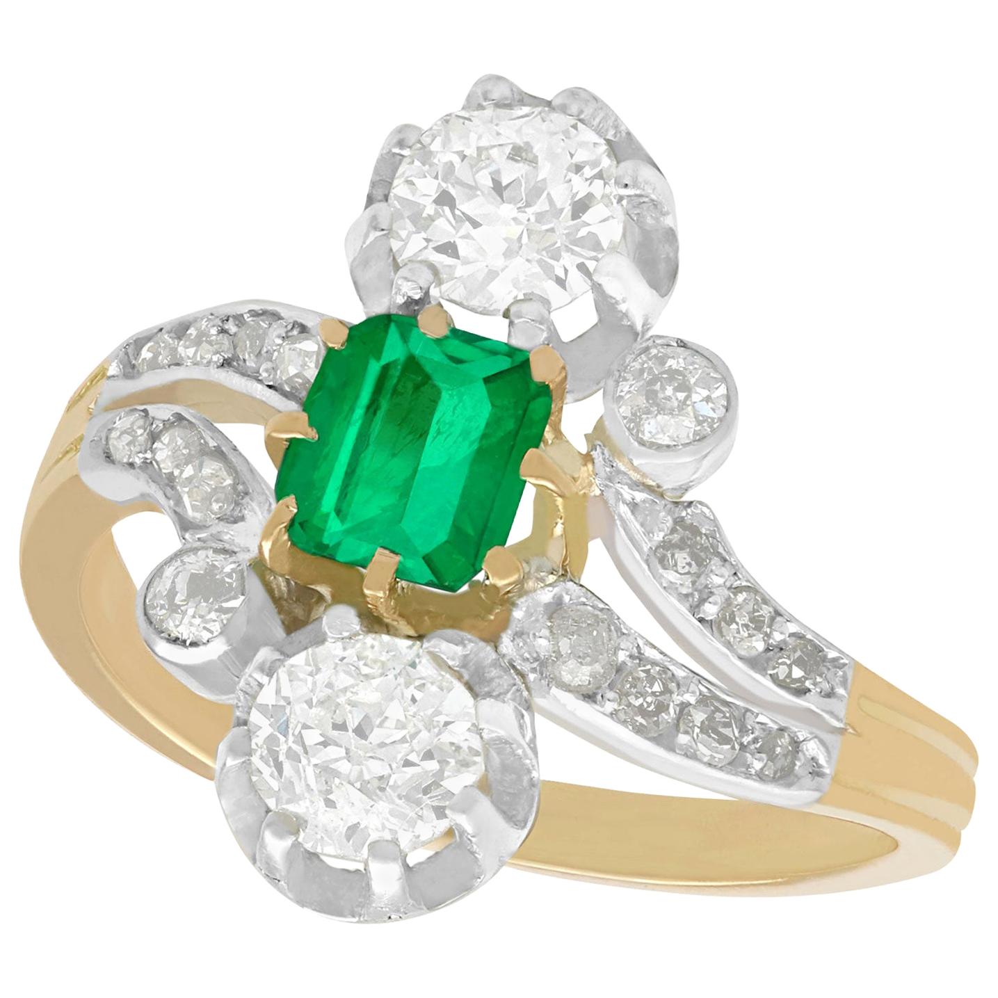 Antique 1880s 1.12 Carat Diamond and Emerald Yellow Gold Silver Set Twist Ring For Sale