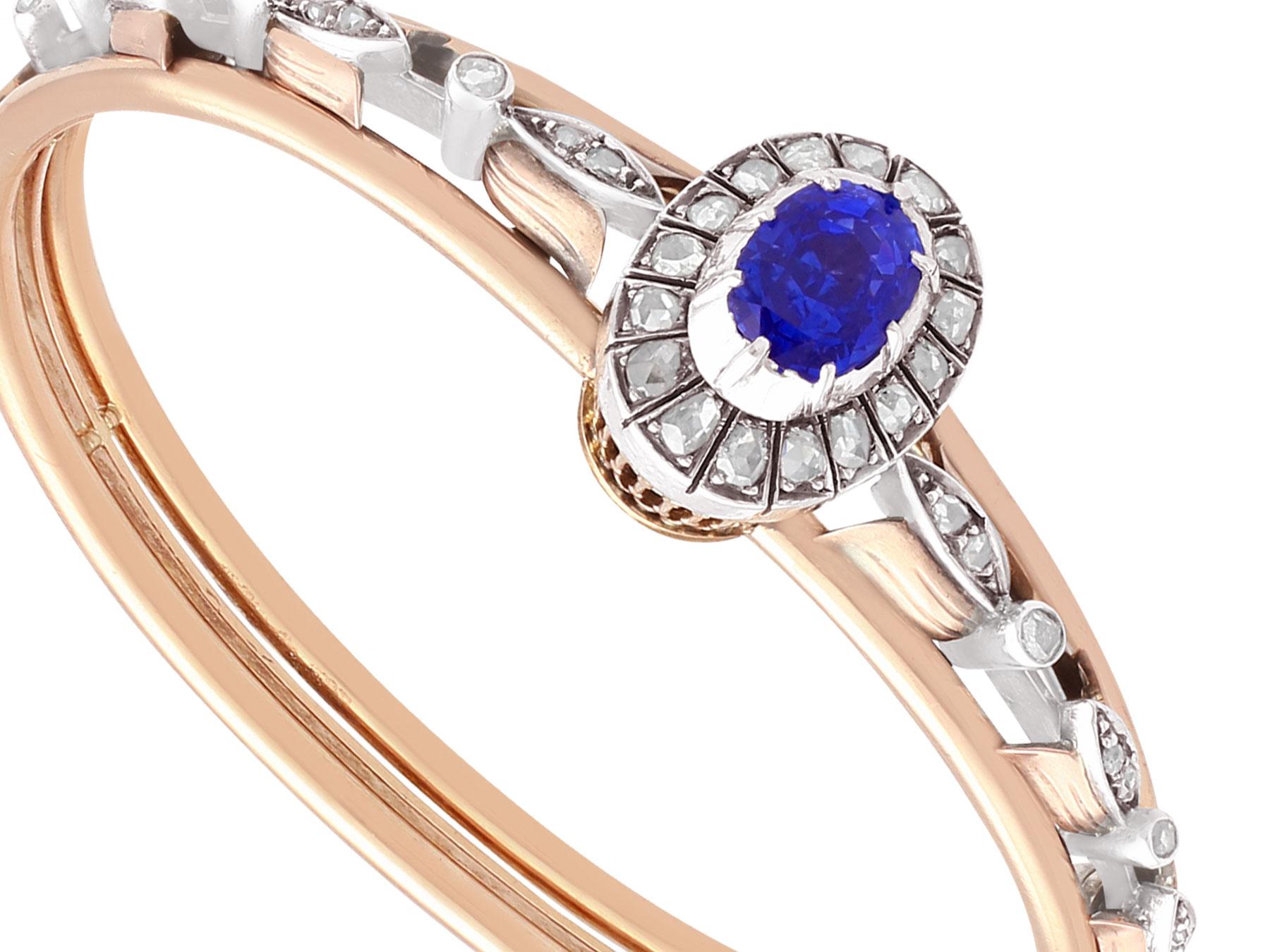 Round Cut Antique 1880s 2.46 Carat Oval Cut Sapphire & 1.05 Carat Diamond Rose Gold Bangle For Sale