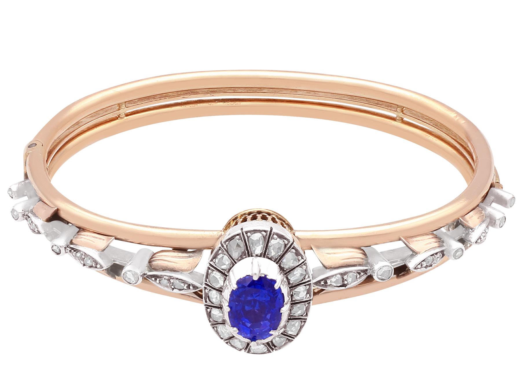 Antique 1880s 2.46 Carat Oval Cut Sapphire & 1.05 Carat Diamond Rose Gold Bangle In Excellent Condition For Sale In Jesmond, Newcastle Upon Tyne