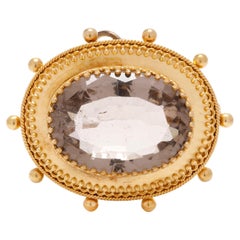 Antique 1880s 9ctw Smokey Quartz Brooch, 14k Yellow Gold, Length 1.13 Inches