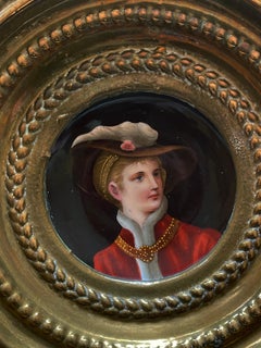 Antique 1880s Brass & Porcelain Plates, Set of 3 Hand Painted Portraits, Germany