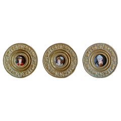 Antique 1880s Brass & Porcelain Plates, Set of 3 Hand Painted Portraits, Germany