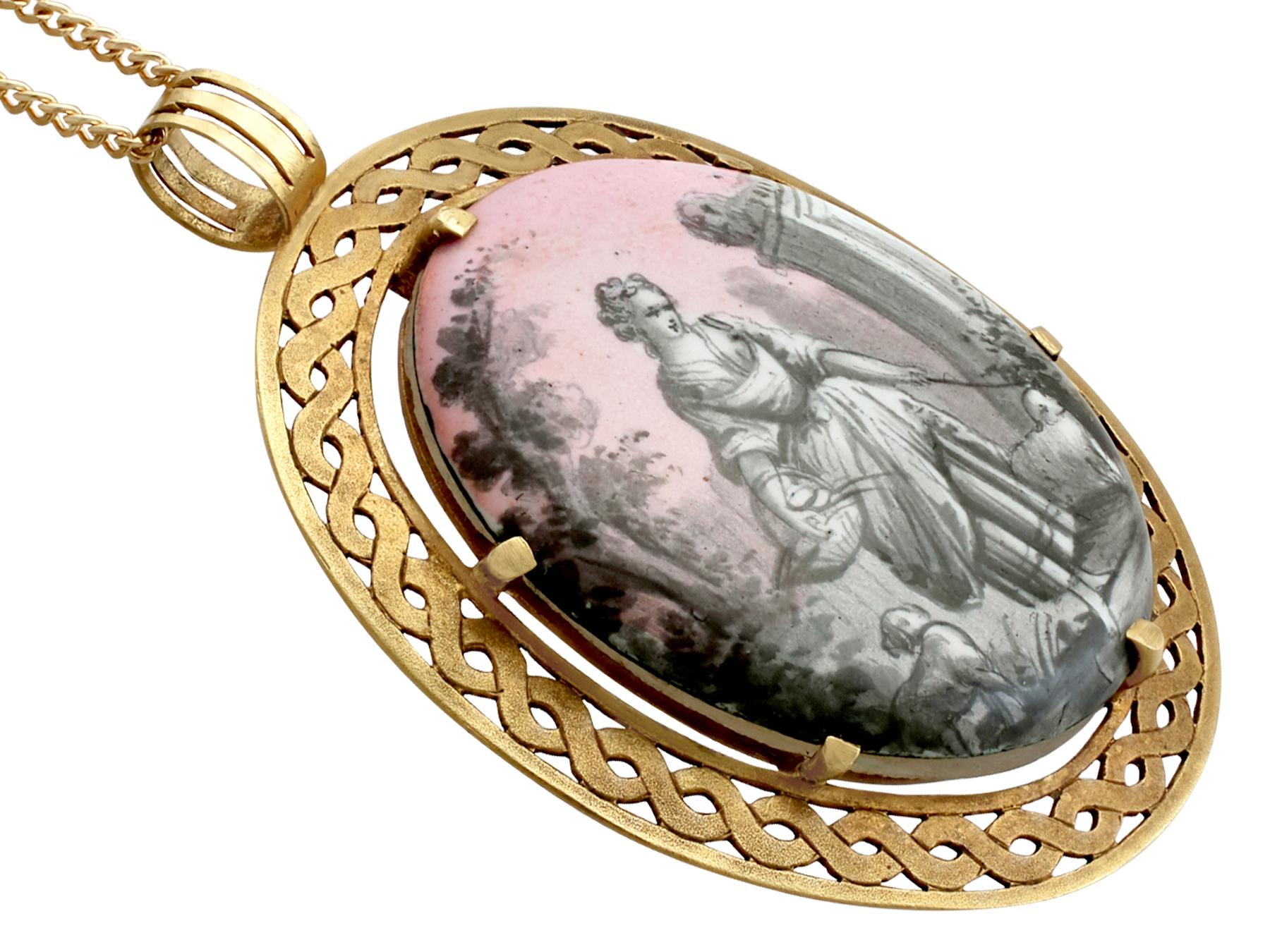 Uncut Antique Enamel and Mother of Pearl Yellow Gold Pendant For Sale