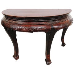 Antique 1880s Era Chinese Carved Demilune Console Sofa Table