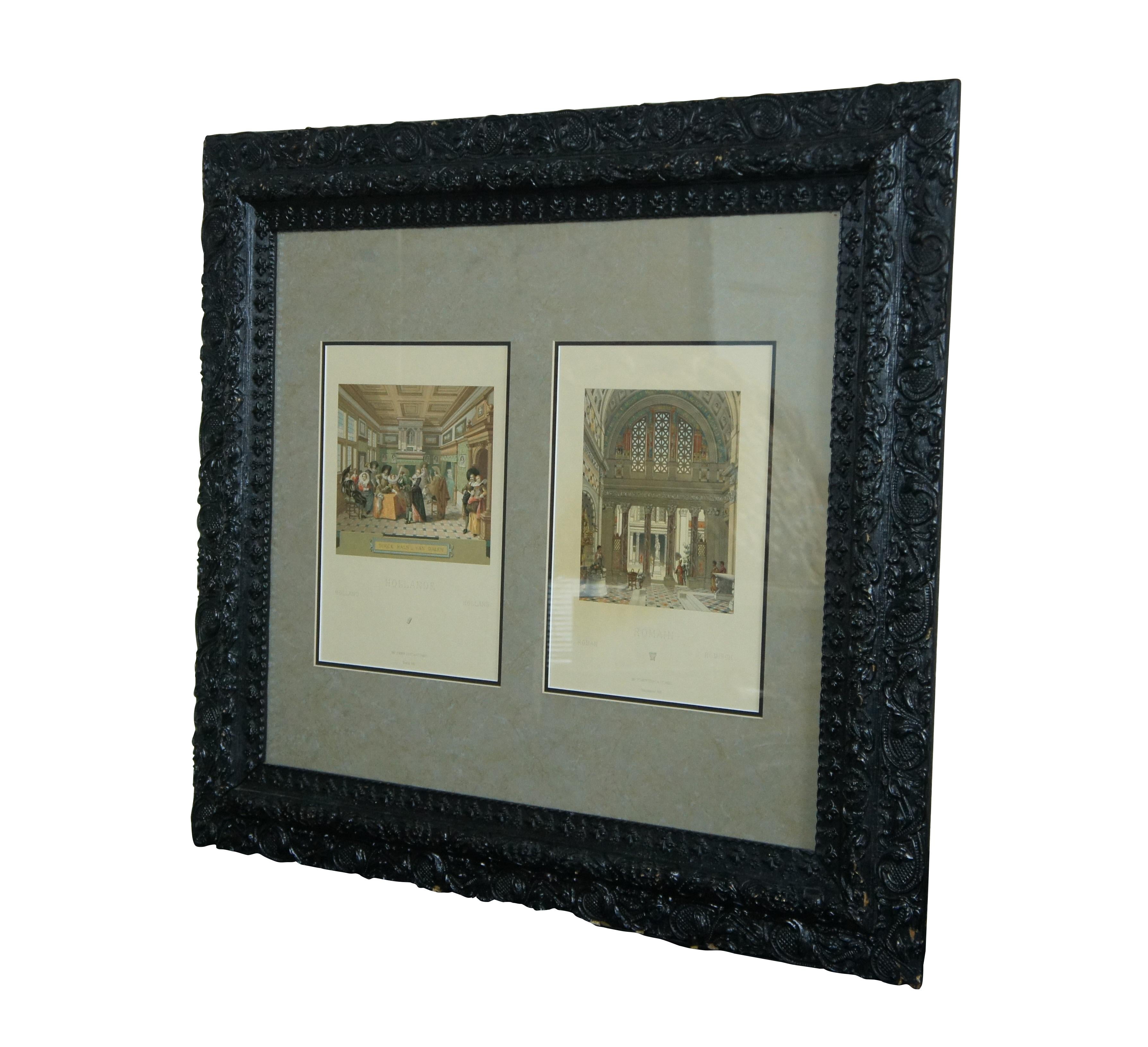 Antique 1880s French colored architectural lithograph prints framed as a diptych, showing a pair of elegant interiors - Hollande (Holland - lithographed by Durin) and Romain (Roman - lithographed by Charpentier). Both Imposed by Firmin Didot et Cie,
