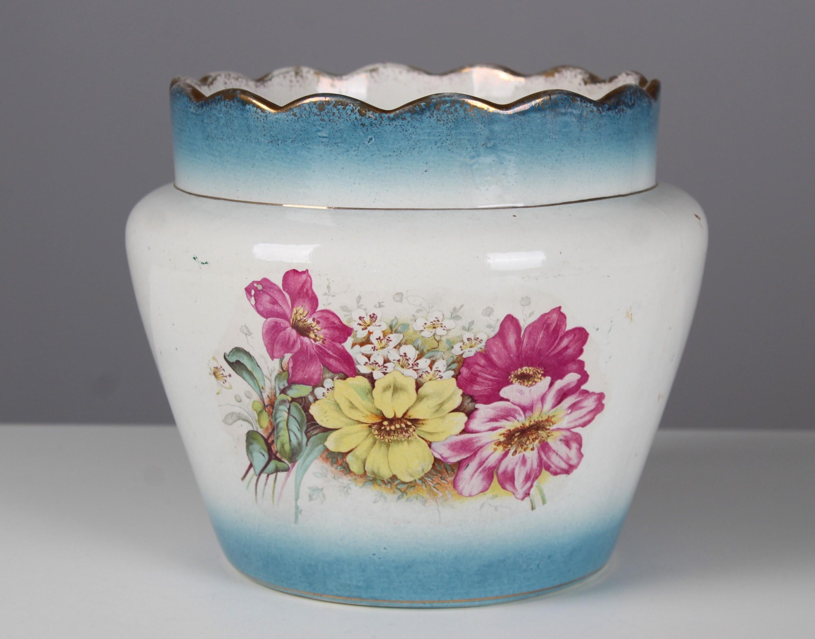 French Antique 1880s Hand-Painted Flower Pot, France For Sale