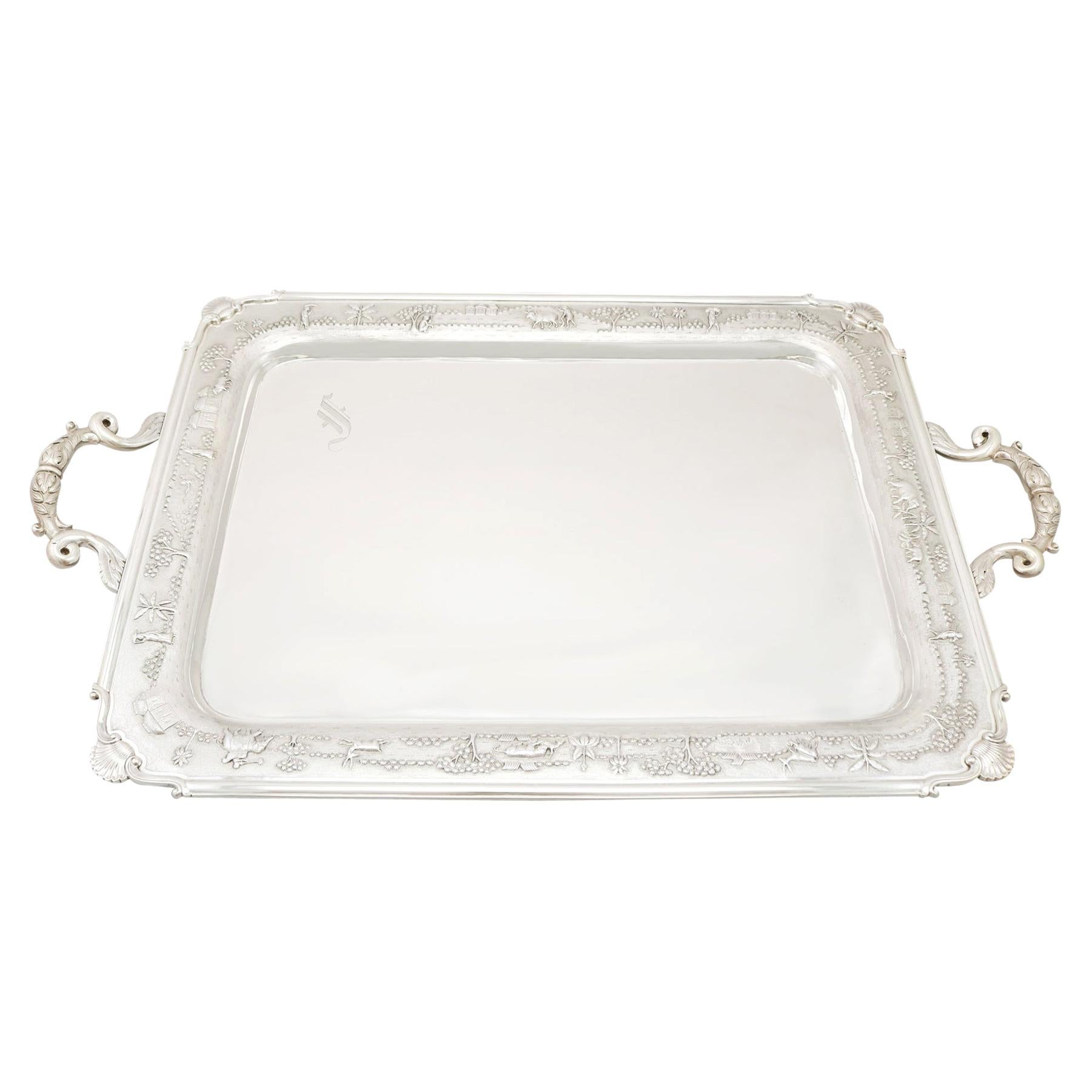Plateau ovale victorien ancien en argent sterling, service à thé à deux poignées, 1878 En