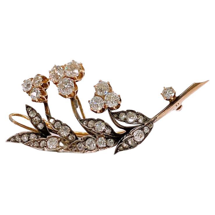 Antiguo Broche de Oro Ruso de 1880 Lirio de los valles Diamante tallado en mina antigua Talla antigua en venta