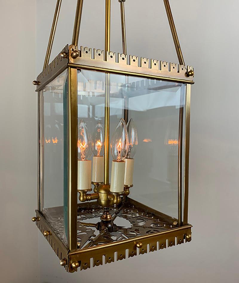 Elegant 1880s converted gas lantern made by the Mitchell Vance & Co. New York. Made of cast bronze with beveled glass panels, the lantern was originally gas and has been converted to electricity. True Aesthetic Movement / Eastlake light made by one