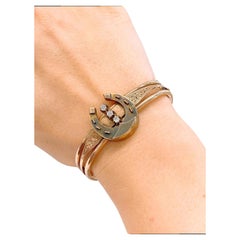 Antique 1880s Old Mine Cut Diamond Horseshoe Russian Gold Bangle Bracelet