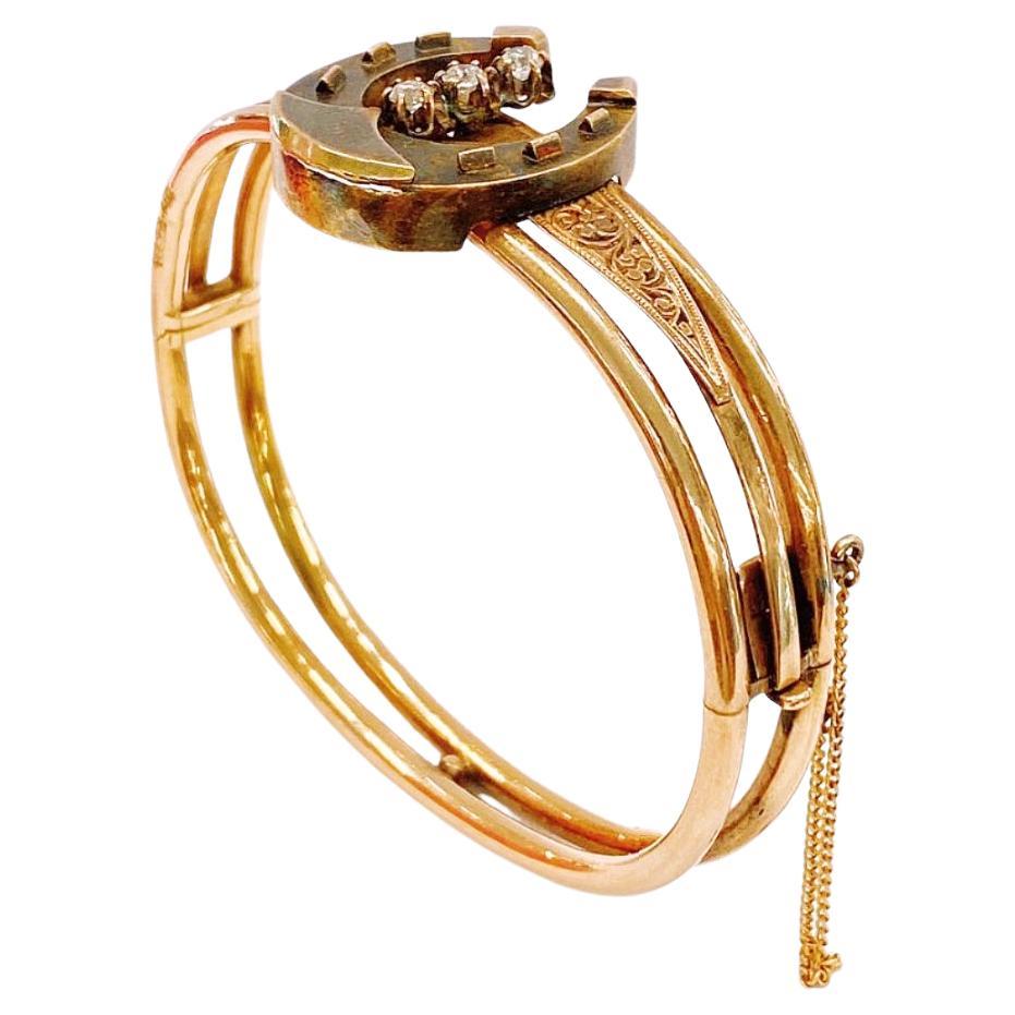 Taglio vecchia miniera Antico bracciale d'oro russo a ferro di cavallo con diamanti tagliati a miniera del 1880 in vendita