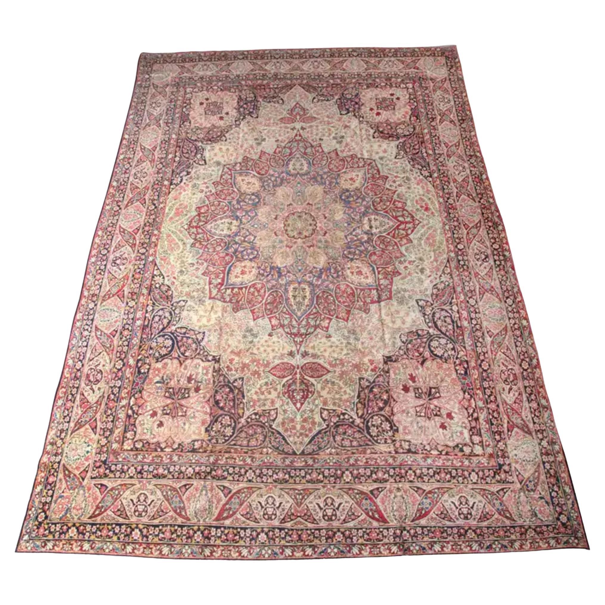 Antiker 1880er Persischer Mahan Kermanshah Teppich, Blau, Grün, Rosa, Creme, 11
 x 17
 im Angebot