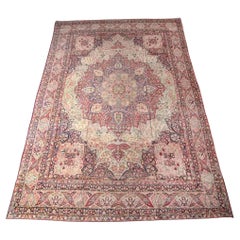 Tappeto antico Mahan Kermanshah persiano del 1880, blu, verde, rosa, crema, 11
 x 17
