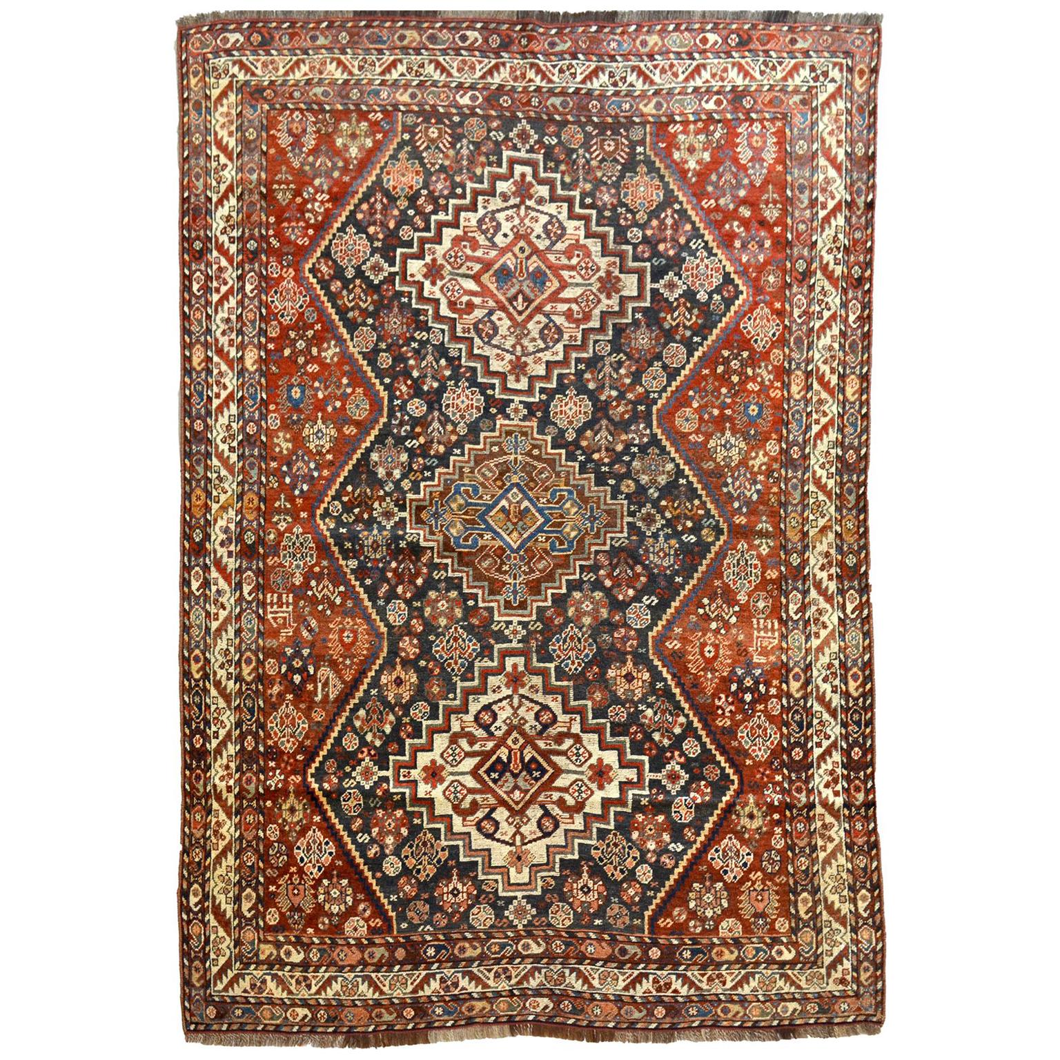 Antico tappeto persiano Qashqai del 1880, lana, arancione, crema, blu, 5' x 6'