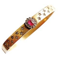 Bracelet jonc ancien en or avec rubis et diamants taille vieille mine, années 1880