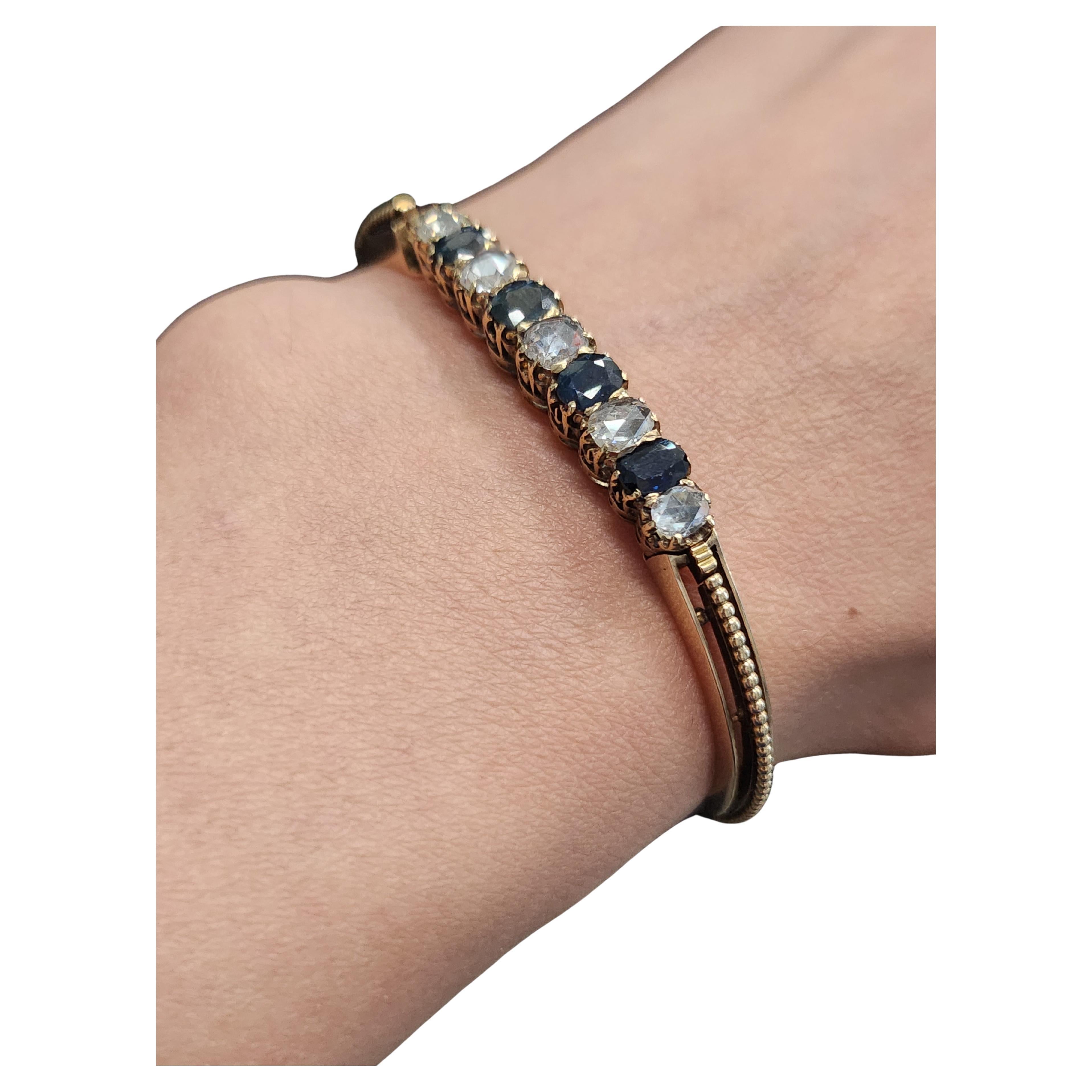 Antique 1880s Russian Sapphire Rose Cut Diamonds Gold Bracelet Pour femmes en vente
