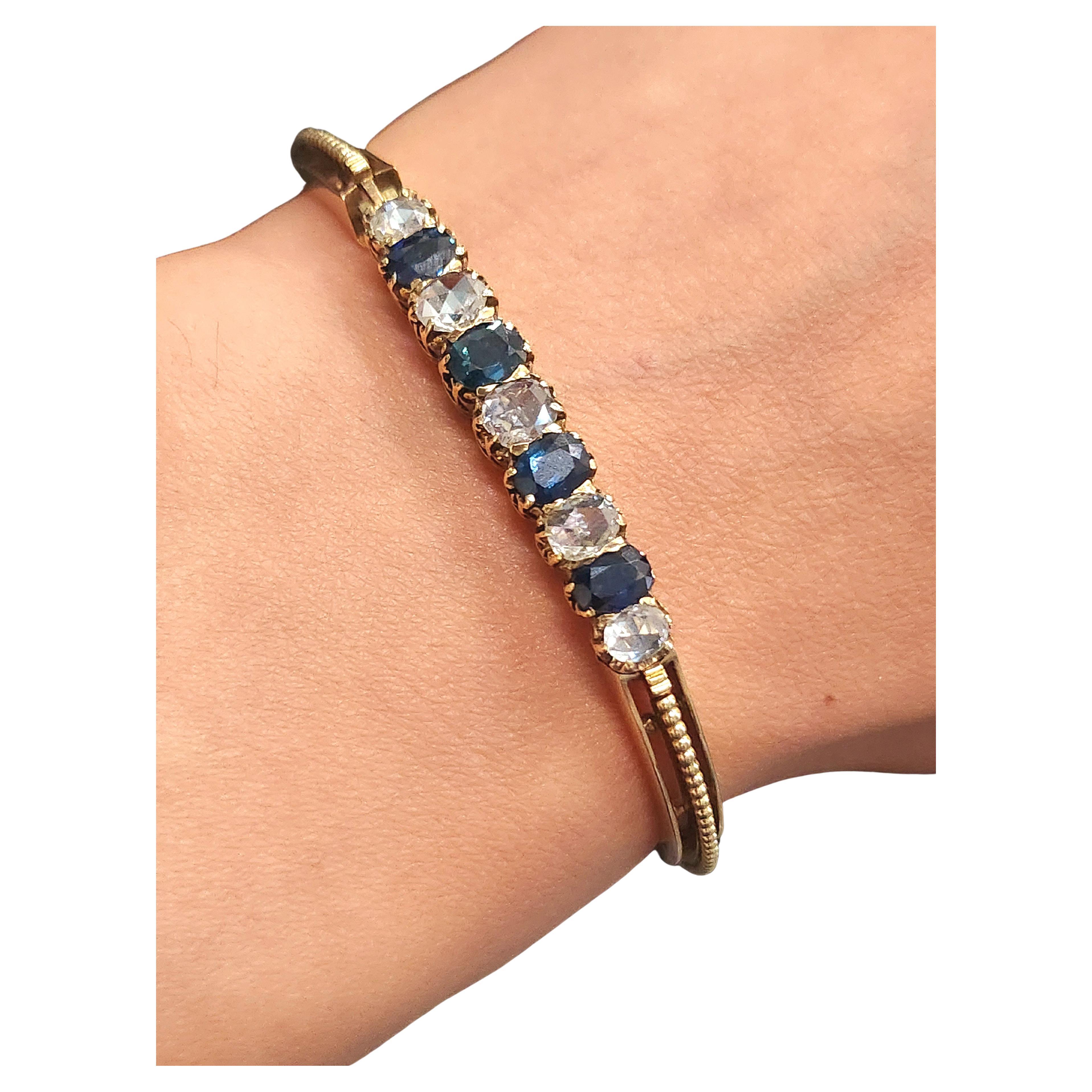 Antique 1880s Russian Sapphire Rose Cut Diamonds Gold Bracelet en vente 2