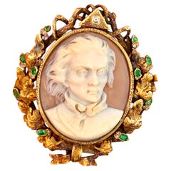 Antique 1880s Shell Cameo Emerald And Diamond Gold Brooch