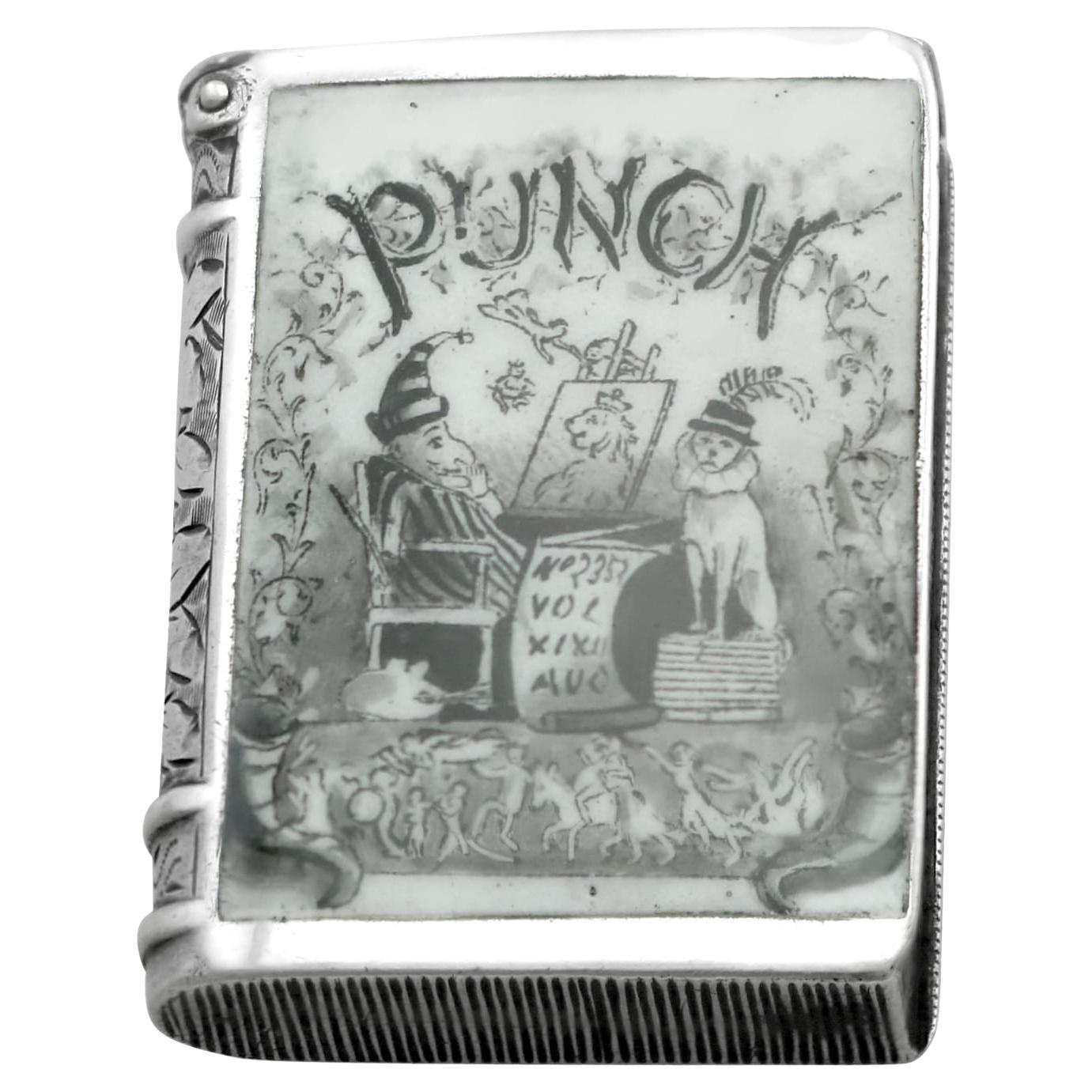 Étui Vesta d'antiquités Punch and Judy Book en argent sterling et émail