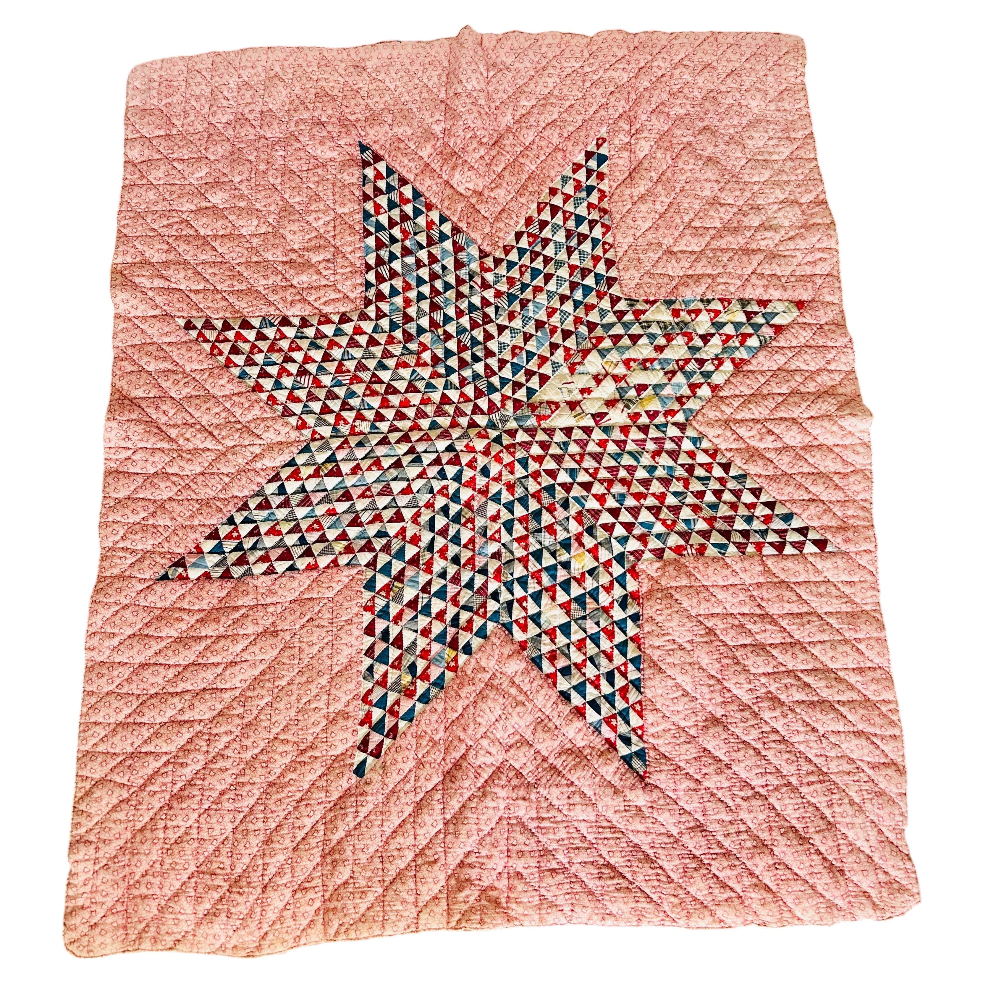 Antiker, einzigartiger „Lone Star“-Quilt im Primitive-Stil aus den 1880er Jahren, Textilkunst im Volkskunststil