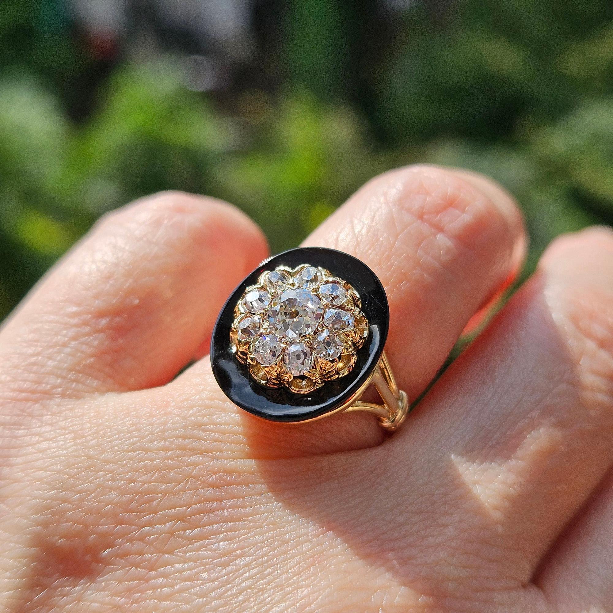 Antique 1880s Victorian Old Mine Diamond Onyx Cocktail Cluster Engagement Ring For Sale 5