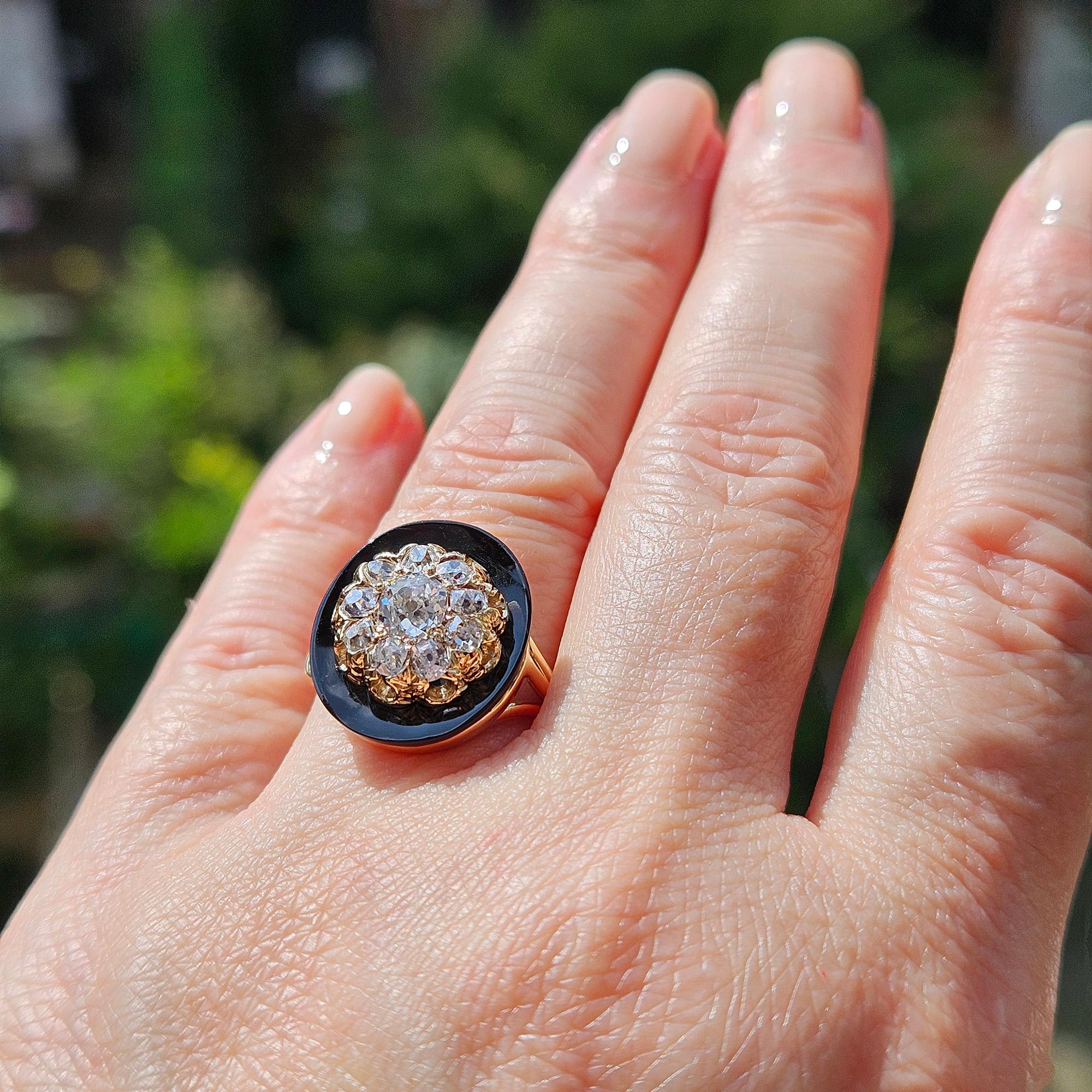 Antique 1880s Victorian Old Mine Diamond Onyx Cocktail Cluster Engagement Ring For Sale 7