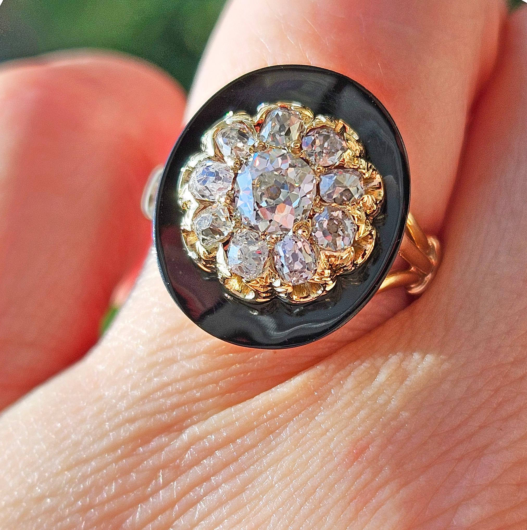Antique 1880s Victorian Old Mine Diamond Onyx Cocktail Cluster Engagement Ring For Sale 8