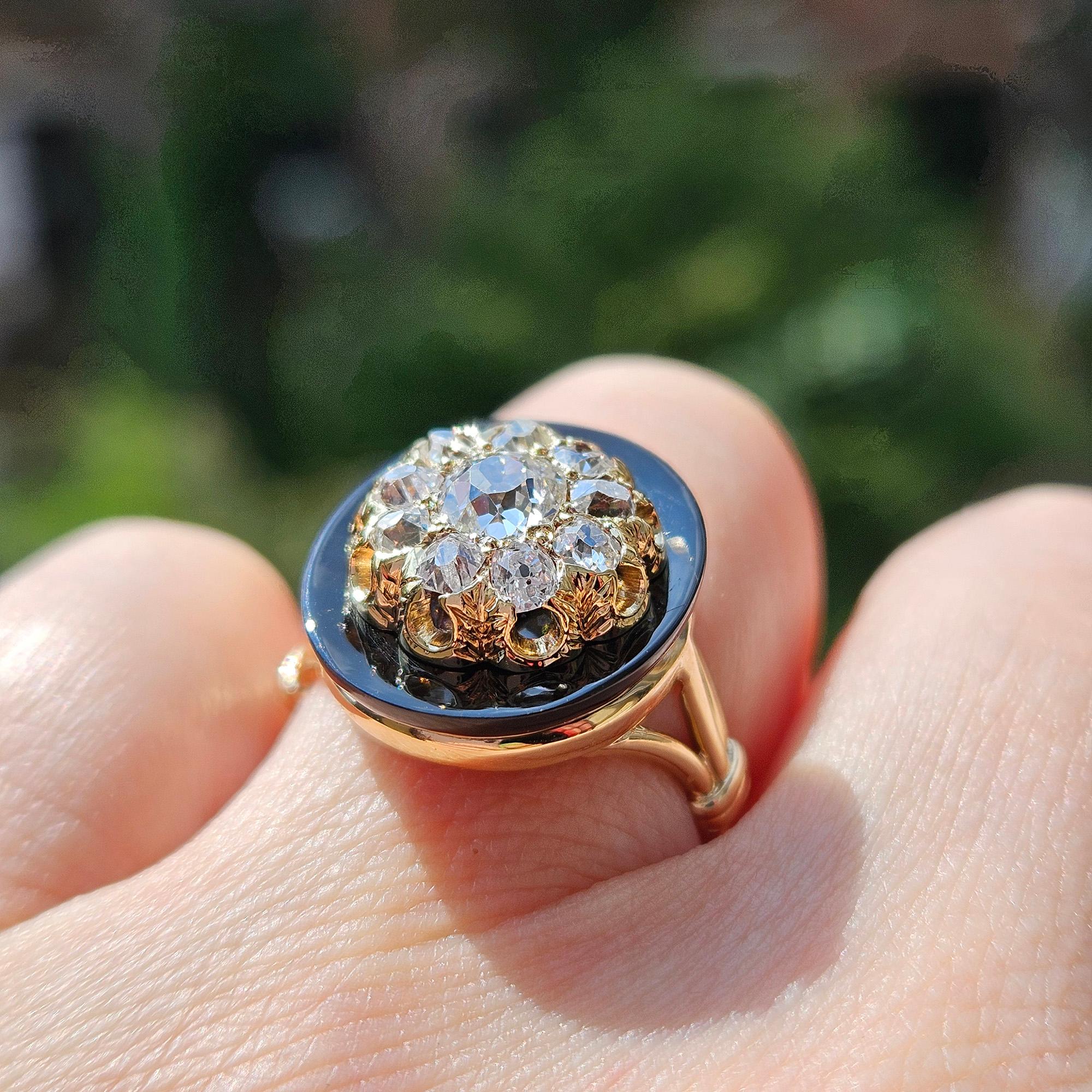 Antique 1880s Victorian Old Mine Diamond Onyx Cocktail Cluster Engagement Ring For Sale 9