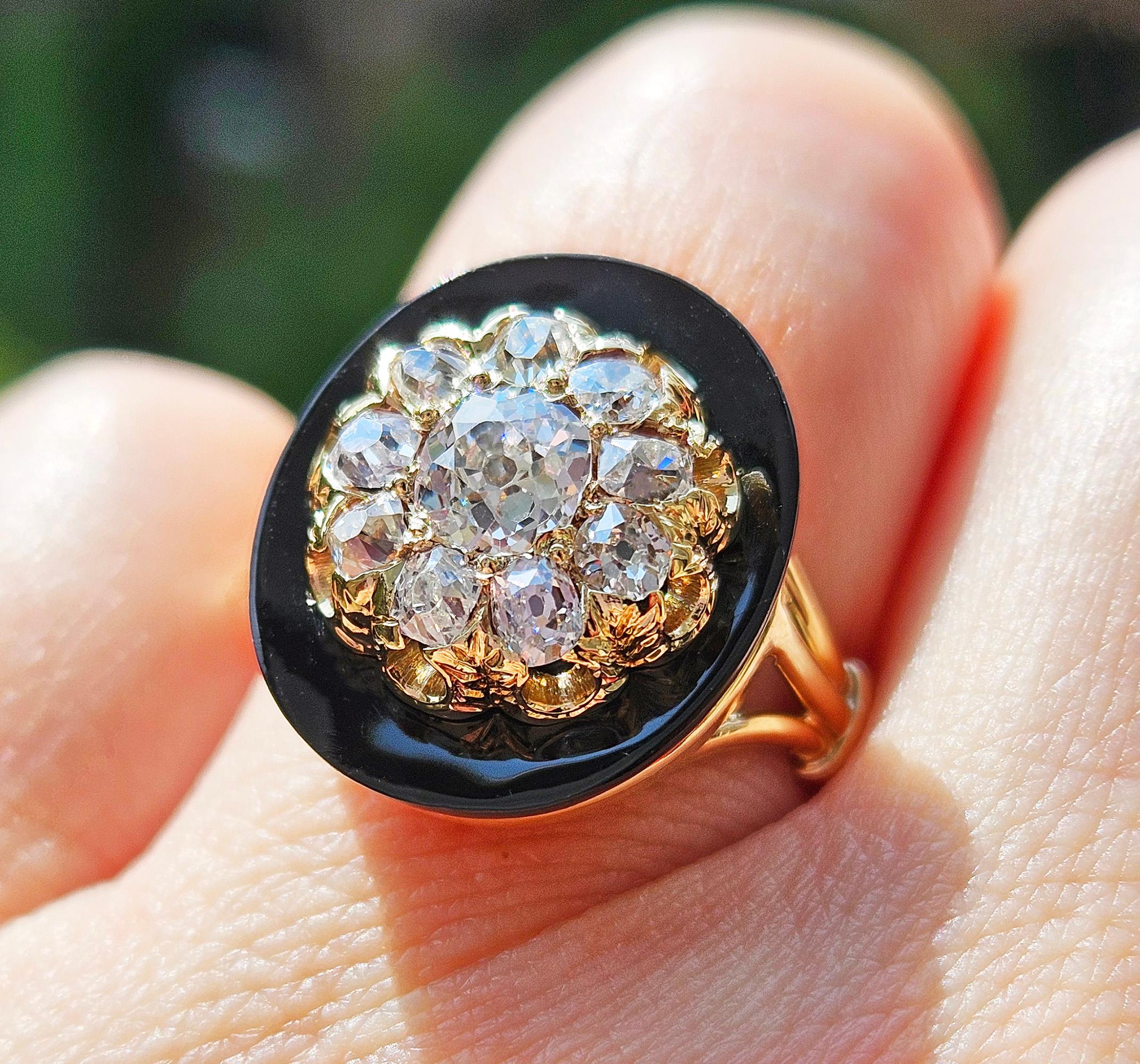 Antique 1880s Victorian Old Mine Diamond Onyx Cocktail Cluster Engagement Ring For Sale 10