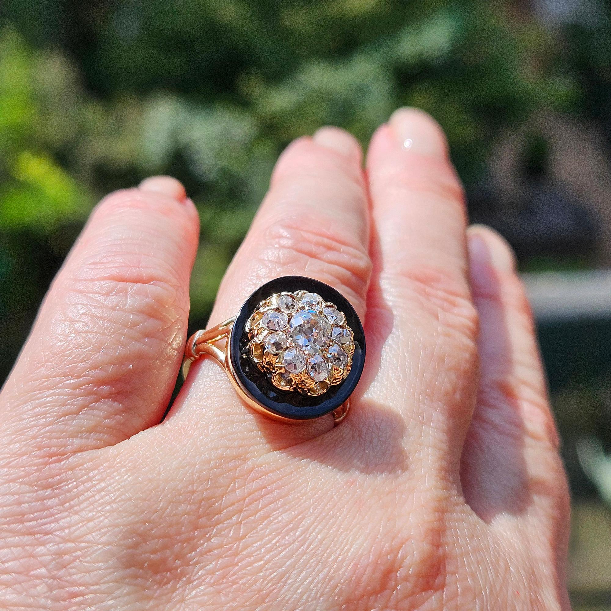 Antique 1880s Victorian Old Mine Diamond Onyx Cocktail Cluster Engagement Ring For Sale 11