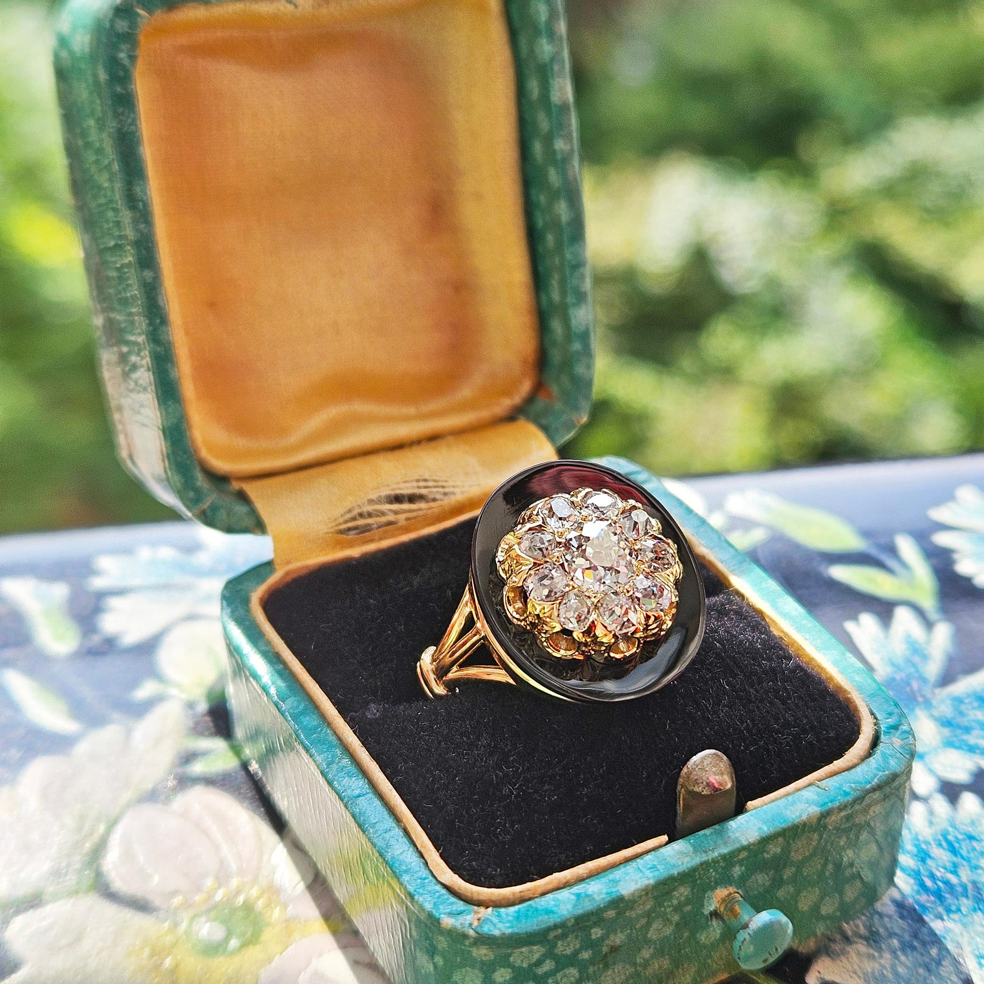 Antique 1880s Victorian Old Mine Diamond Onyx Cocktail Cluster Engagement Ring For Sale 12