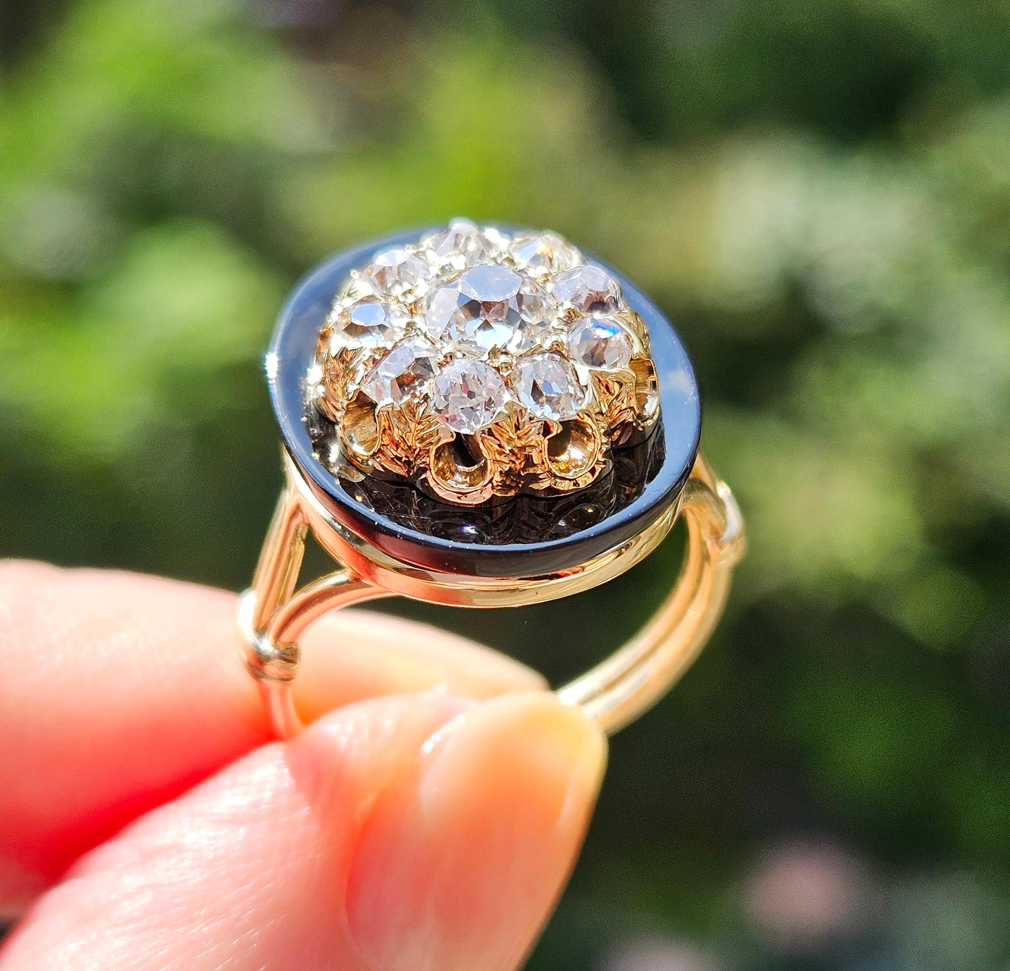 Antique 1880s Victorian Old Mine Diamond Onyx Cocktail Cluster Engagement Ring For Sale 13