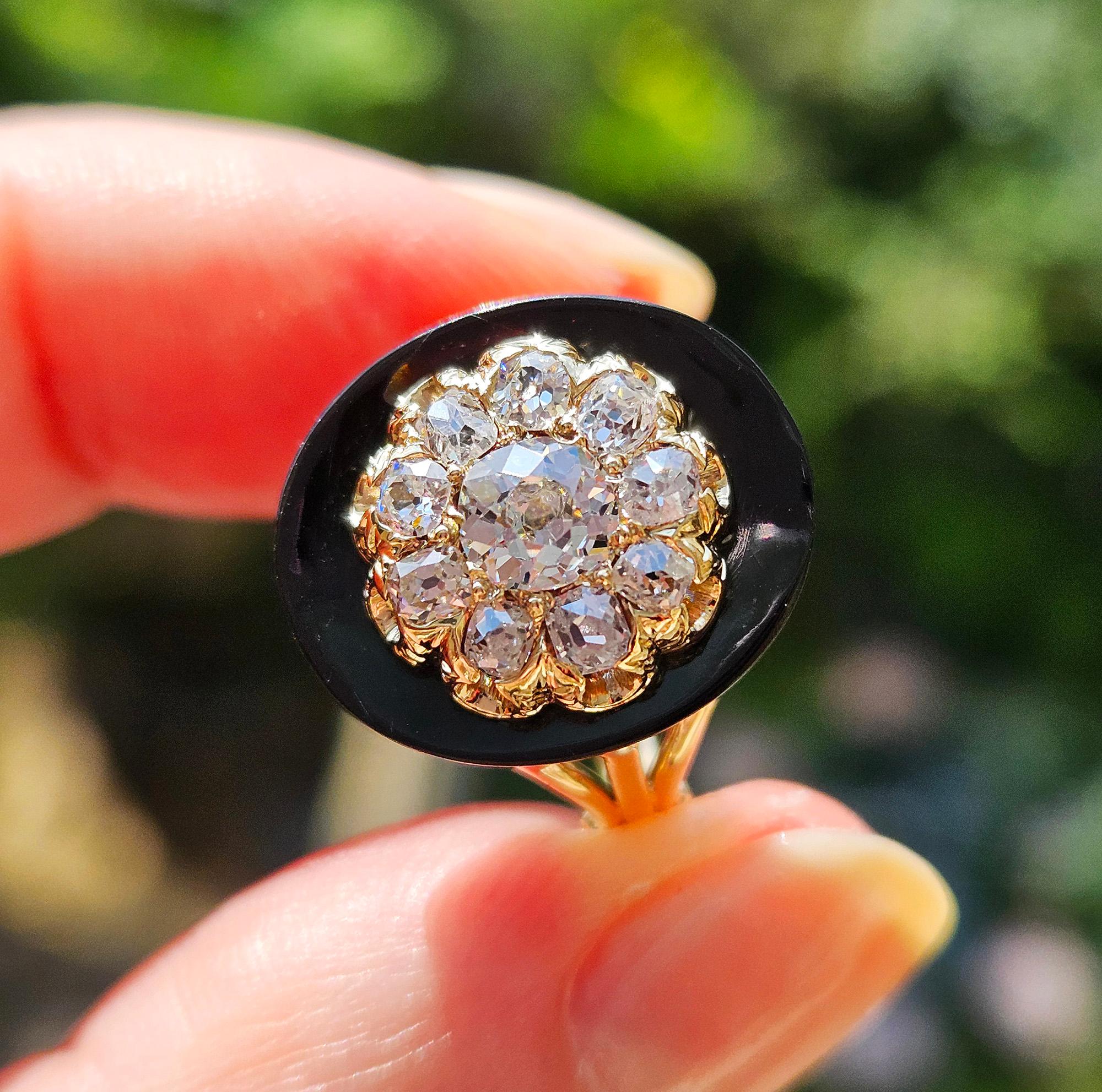 Antique 1880s Victorian Old Mine Diamond Onyx Cocktail Cluster Engagement Ring For Sale 14