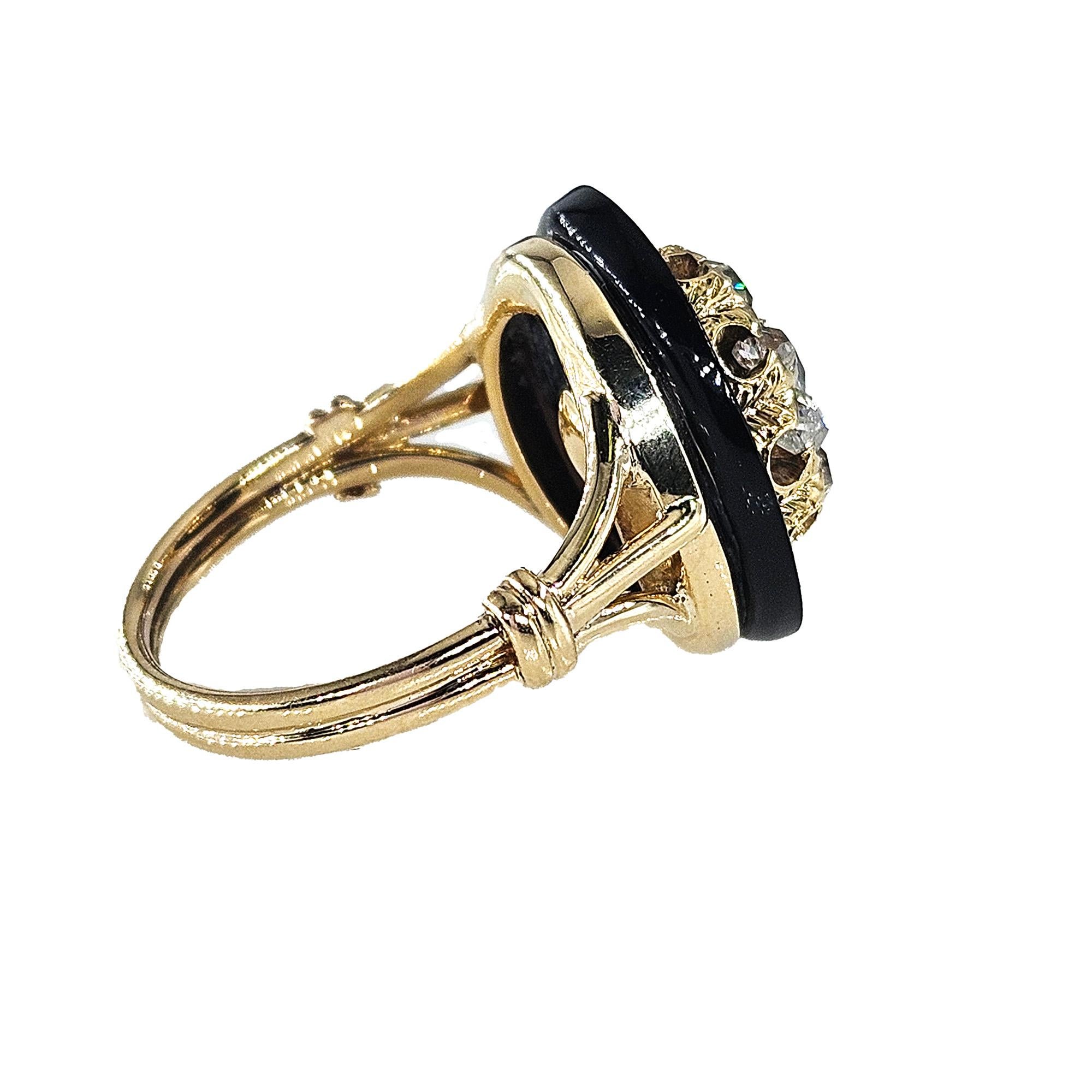 Antique 1880s Victorian Old Mine Diamond Onyx Cocktail Cluster Engagement Ring In Good Condition For Sale In New York, NY