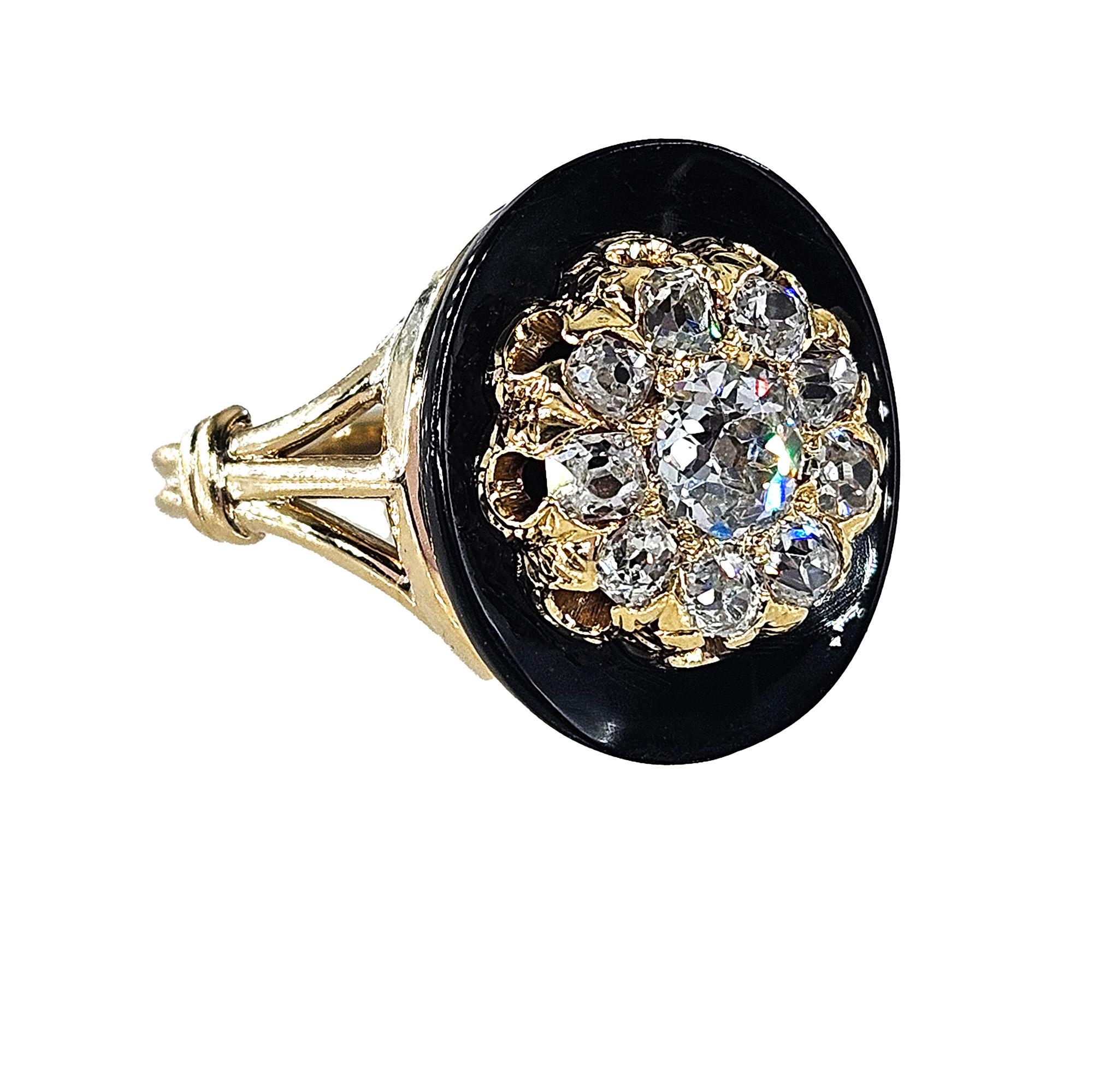 Women's Antique 1880s Victorian Old Mine Diamond Onyx Cocktail Cluster Engagement Ring For Sale
