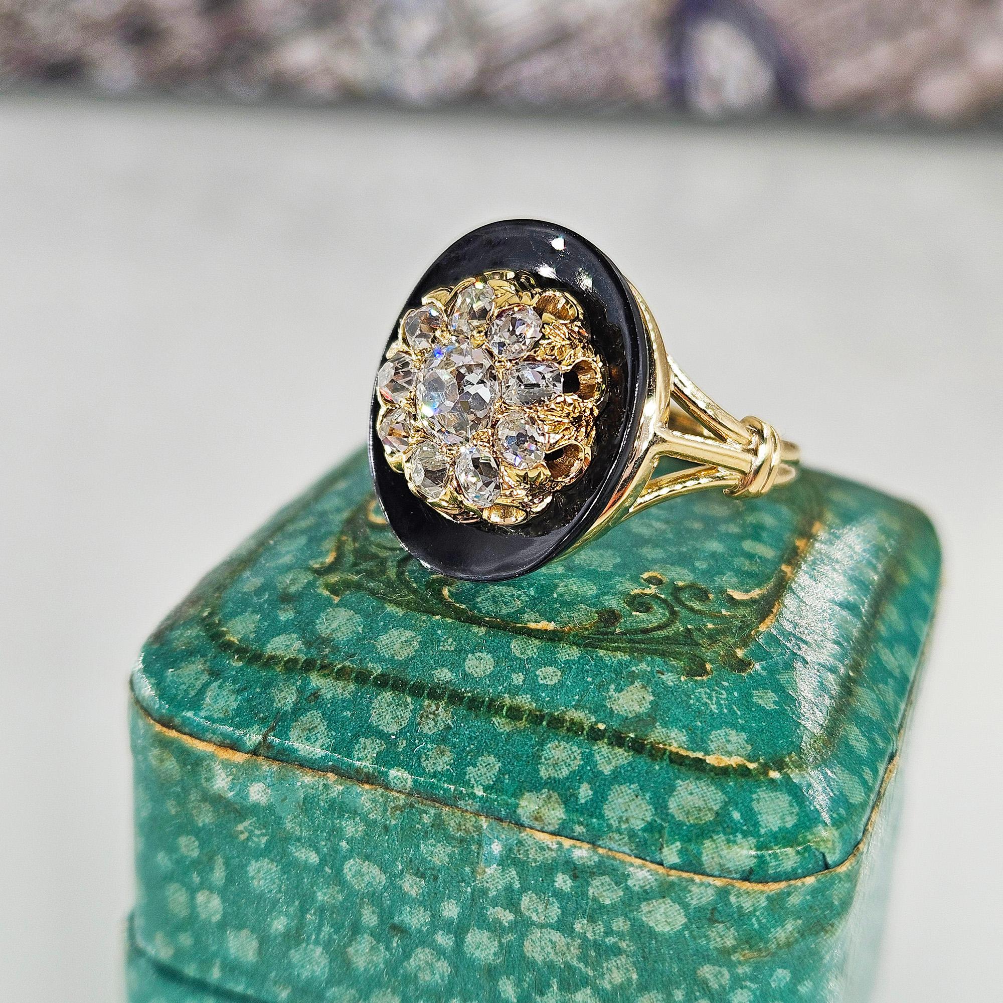 Antique 1880s Victorian Old Mine Diamond Onyx Cocktail Cluster Engagement Ring For Sale 1