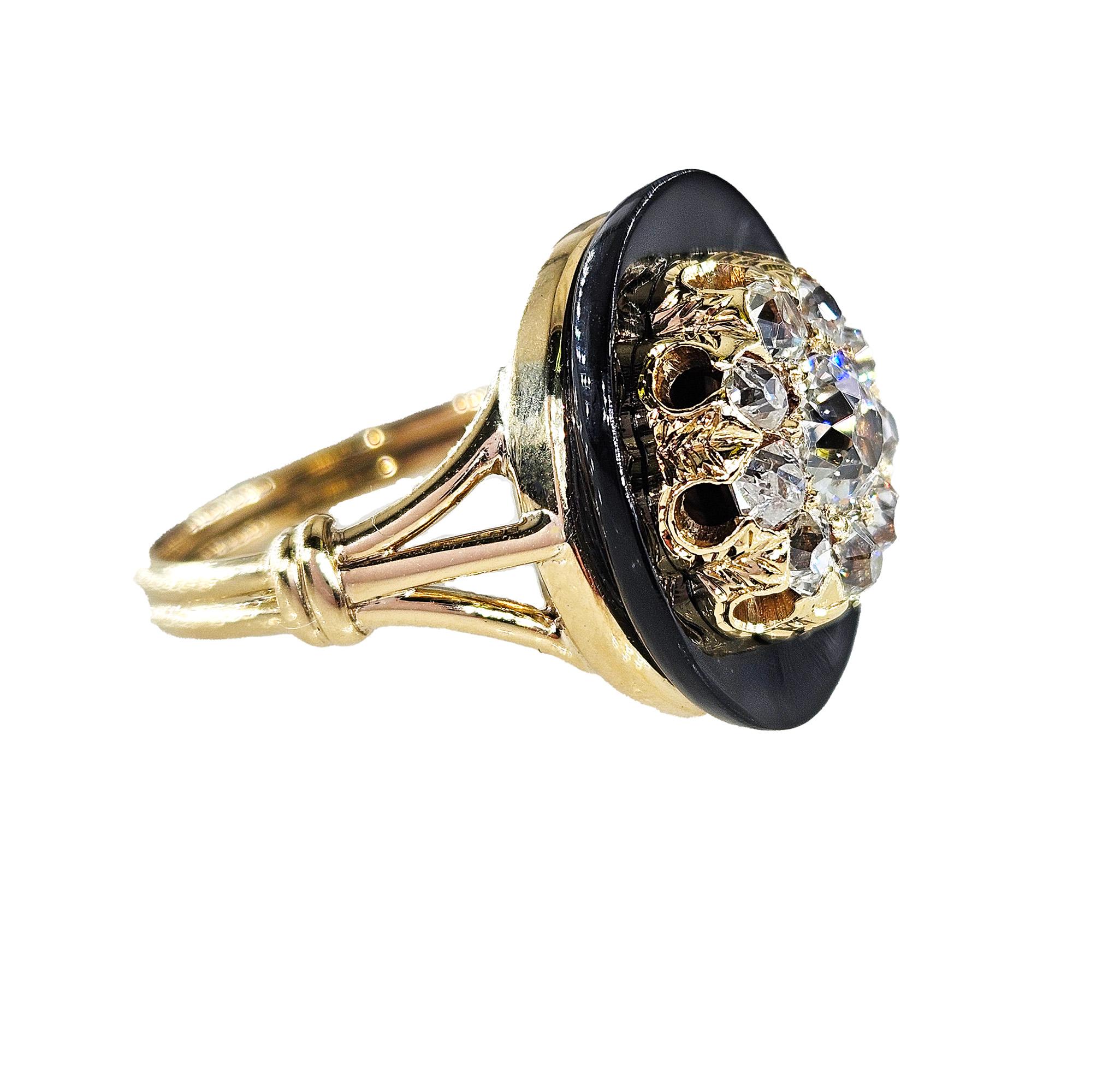 Antique 1880s Victorian Old Mine Diamond Onyx Cocktail Cluster Engagement Ring For Sale 2