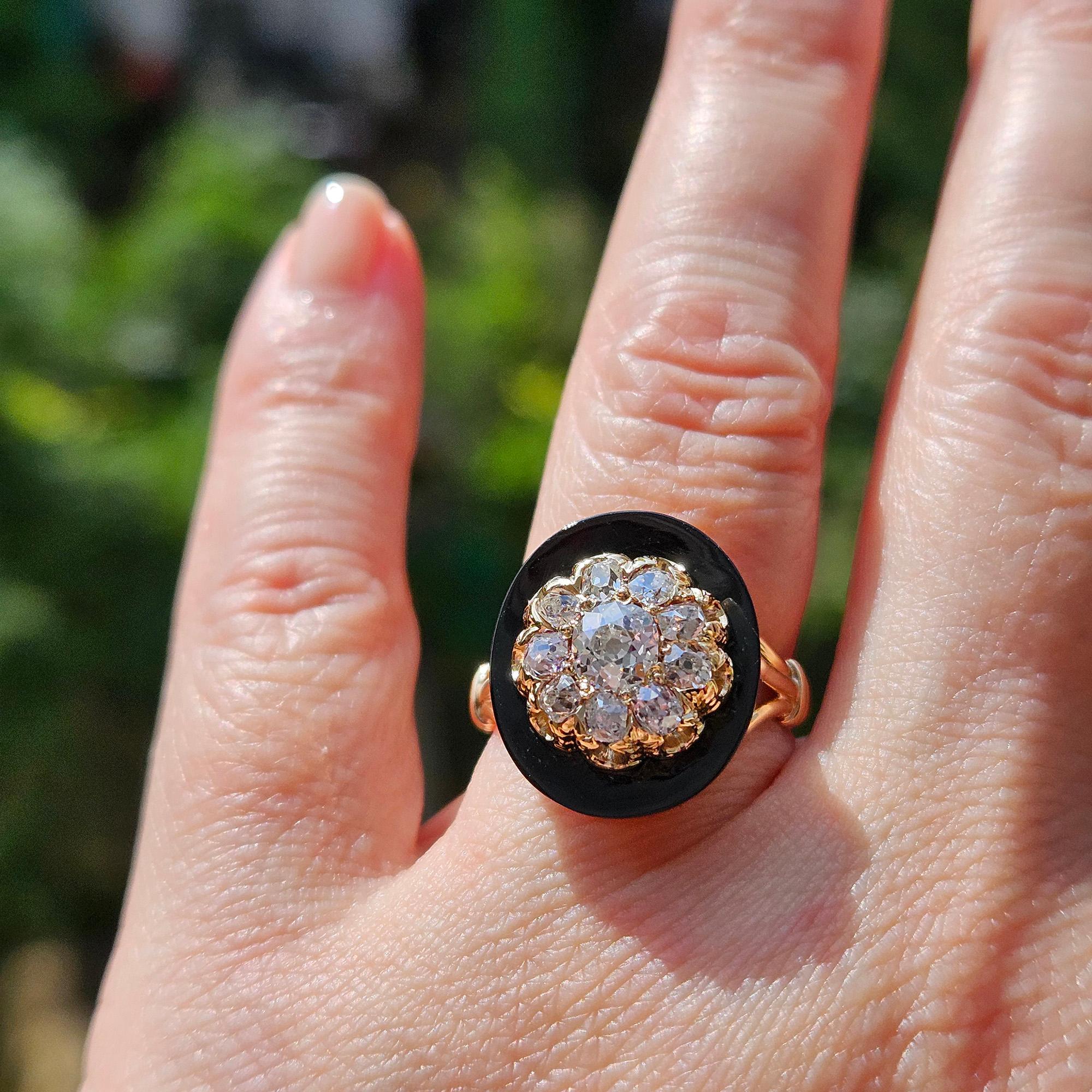 Antique 1880s Victorian Old Mine Diamond Onyx Cocktail Cluster Engagement Ring For Sale 4