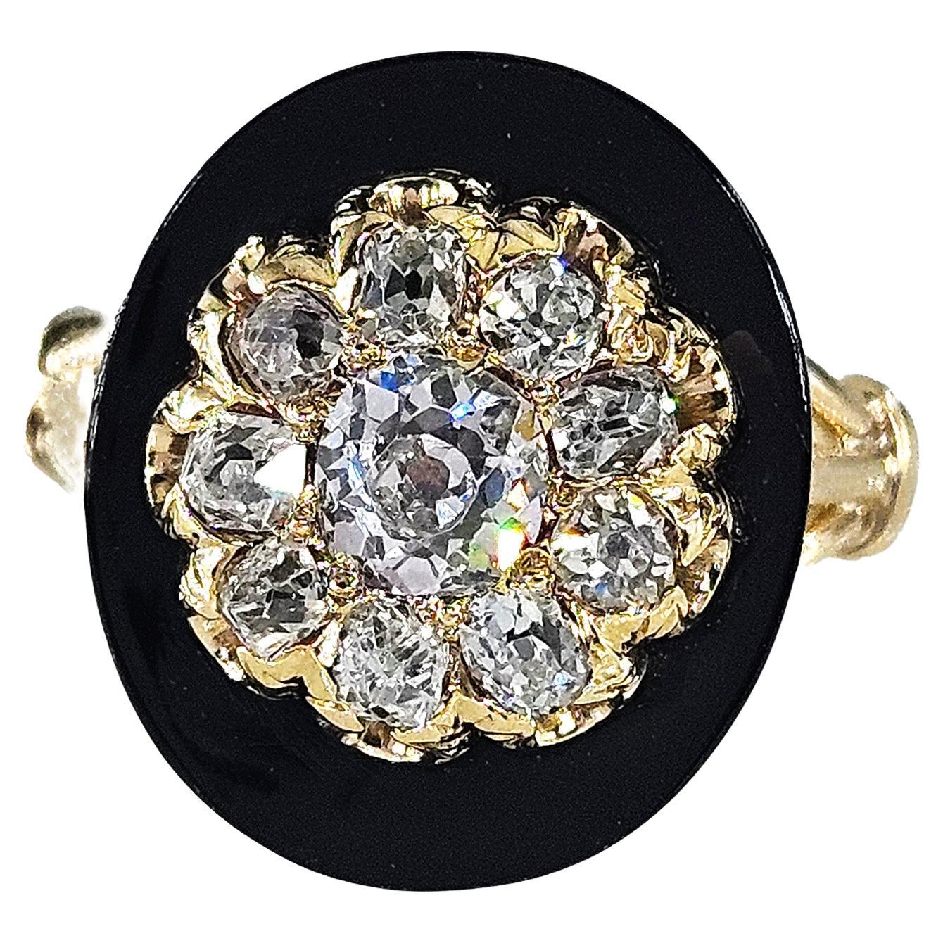 Antique 1880s Victorian Old Mine Diamond Onyx Cocktail Cluster Engagement Ring