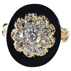 Antique 1880s Victorian Old Mine Diamond Onyx Cocktail Cluster Engagement Ring