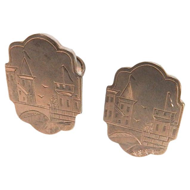 Antique 1880s Victorian Gilded Age Engraved Cityscape Gold Filled Cufflinks