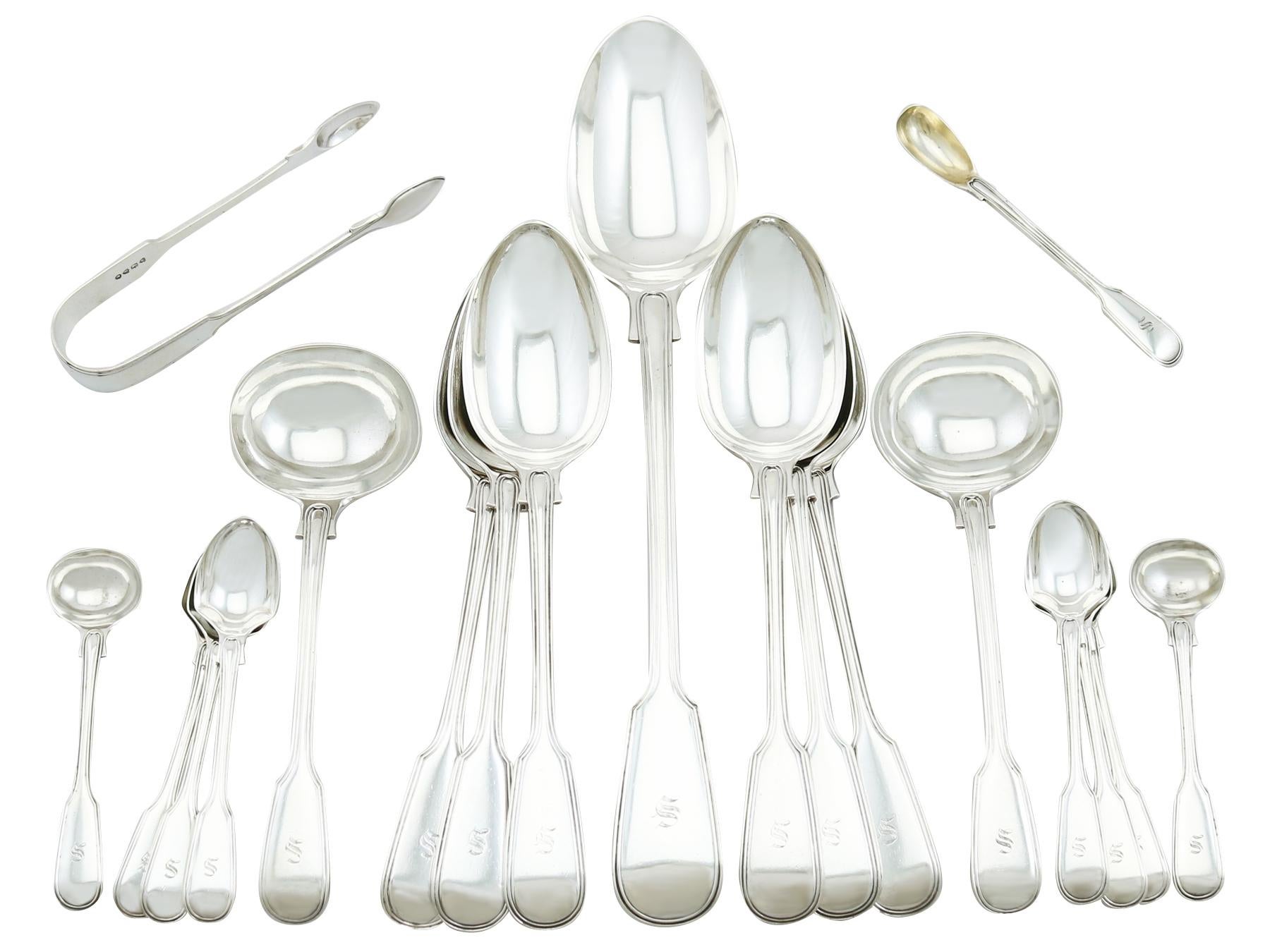 An exceptional, fine and impressive antique Victorian English sterling silver straight fiddle and thread flatware service for ten persons made by George Adams, an addition to our canteen of cutlery collection.

The pieces of this exceptional