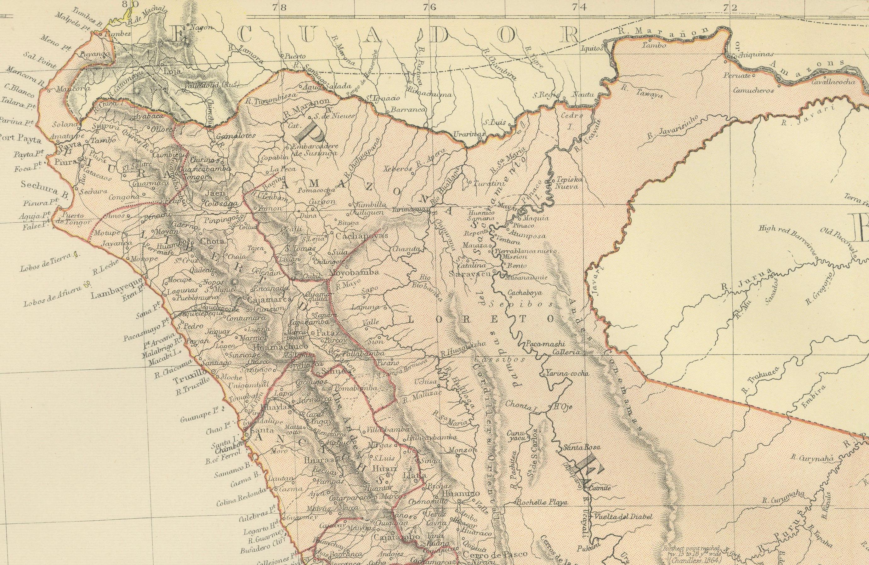 Antique 1882 Antique Map of Peru and Bolivia: Andes Mountains and Amazon Rivers In Good Condition For Sale In Langweer, NL