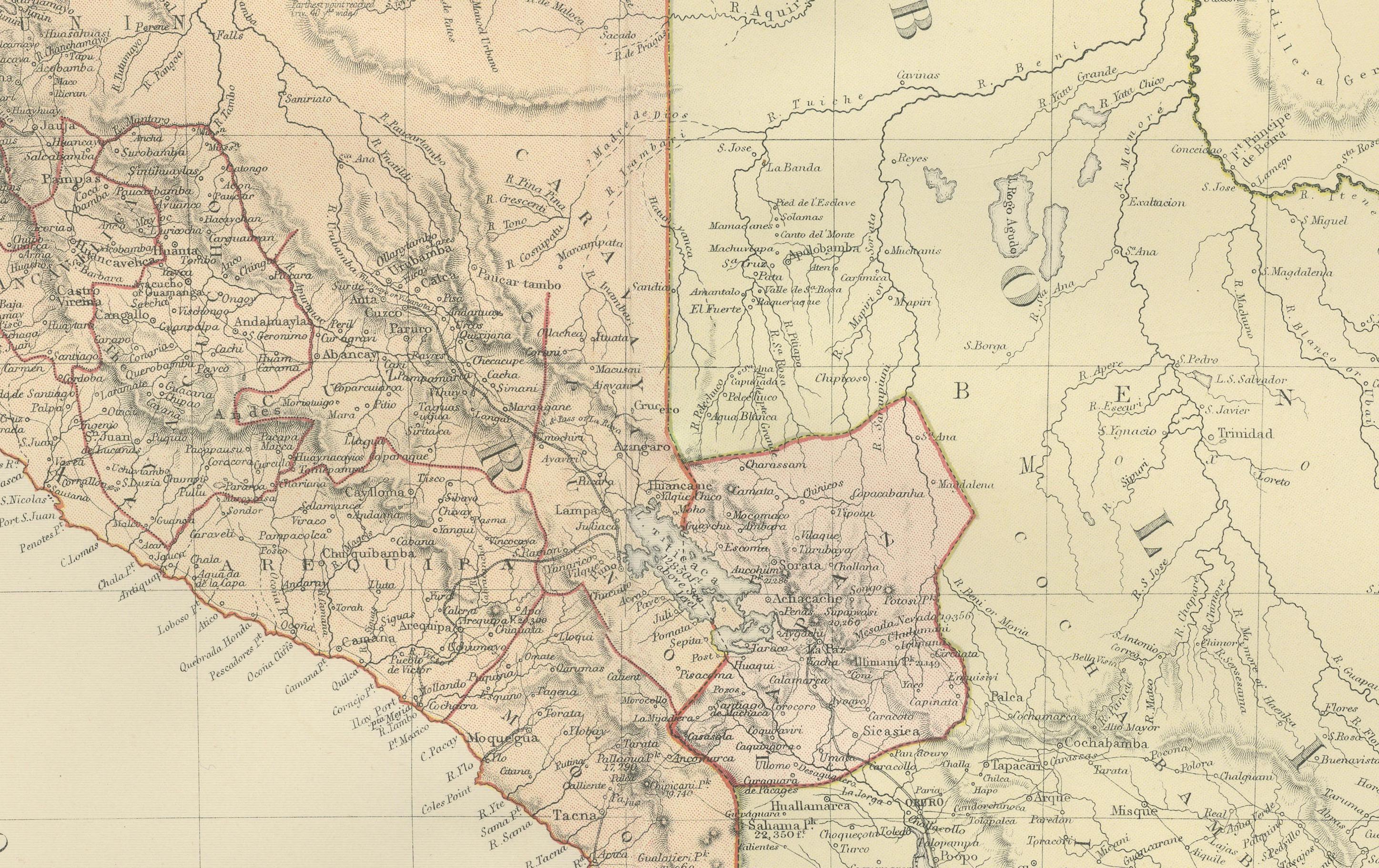 Late 19th Century Antique 1882 Antique Map of Peru and Bolivia: Andes Mountains and Amazon Rivers For Sale