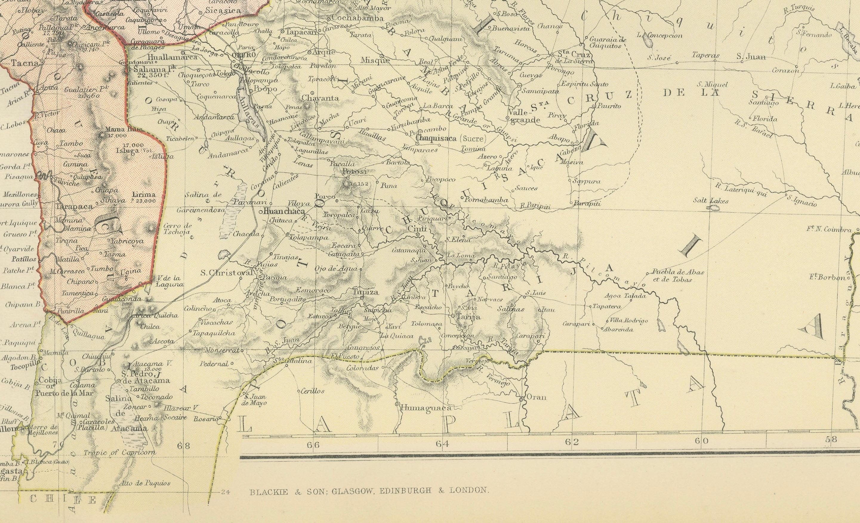 Paper Antique 1882 Antique Map of Peru and Bolivia: Andes Mountains and Amazon Rivers For Sale