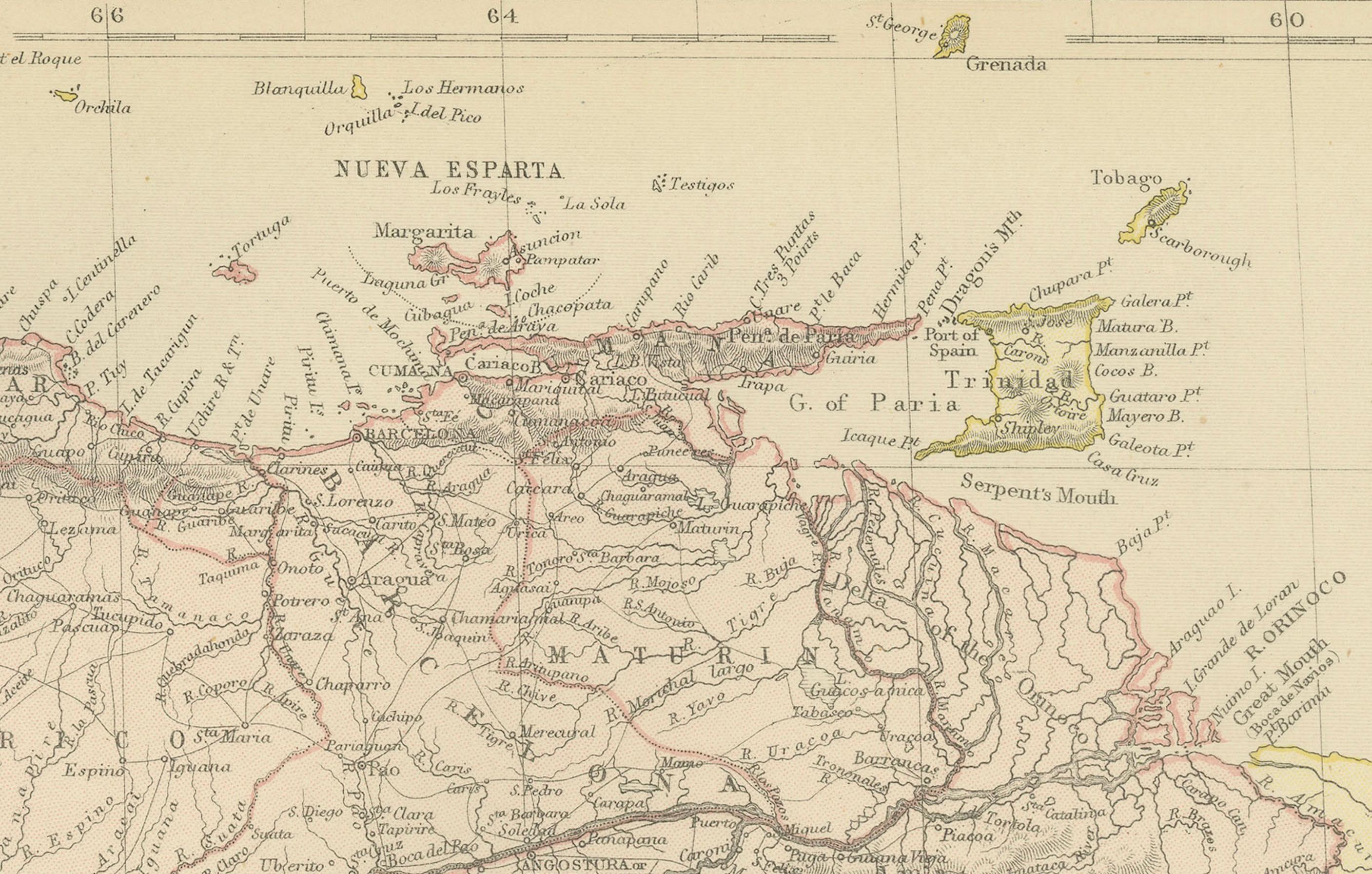 Título: 1882 Mapa de Venezuela, Colombia (Nueva Granada) y Ecuador

Este mapa de 1882 ofrece una representación detallada de Venezuela, los Estados Unidos de Colombia (denominados históricamente Nueva Granada) y Ecuador, captando las características