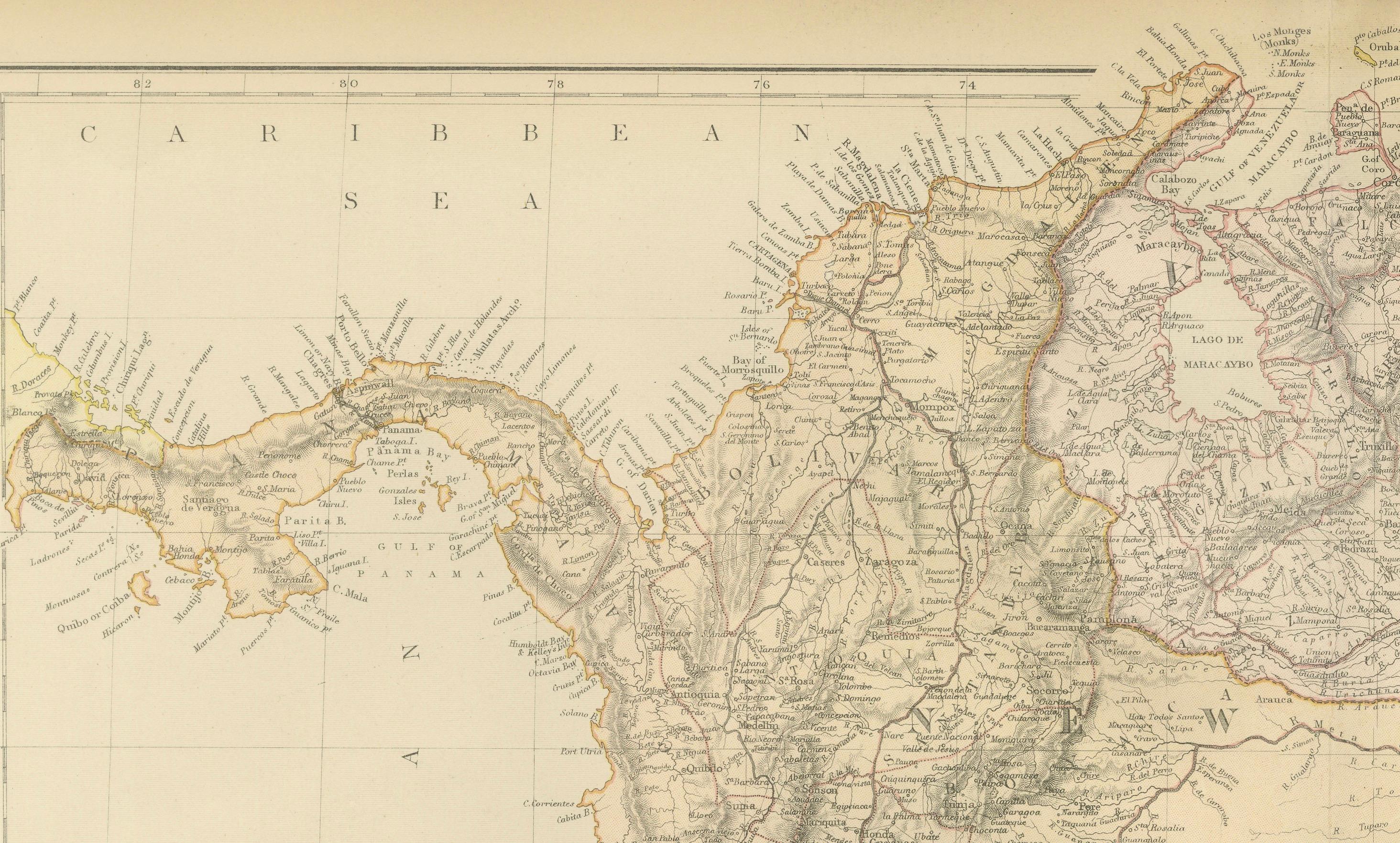 Mapa antiguo de 1882 de Venezuela, Colombia (Nueva Granada) y Ecuador en Bueno estado para la venta en Langweer, NL