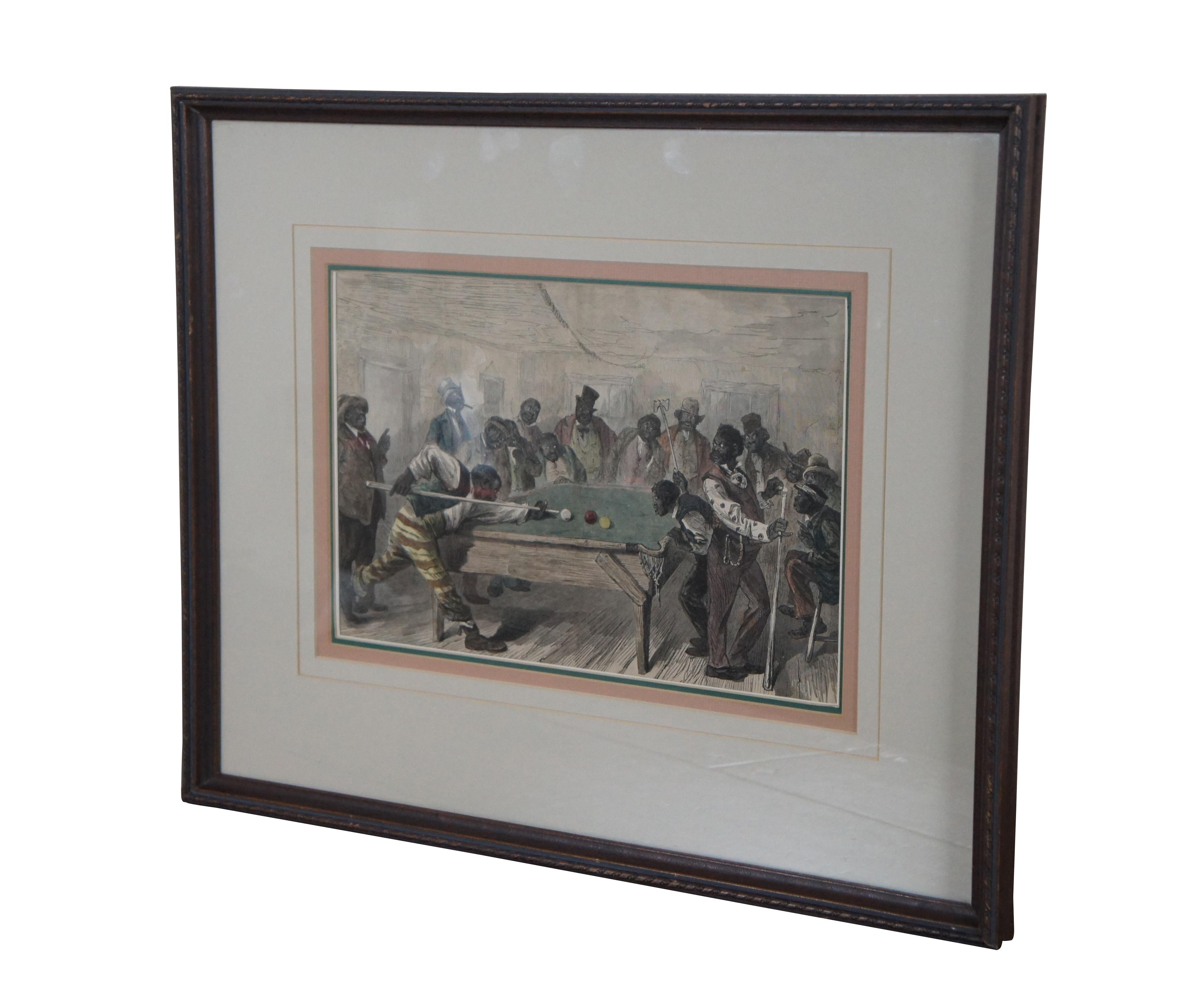 Antique late 19th century hand colored engraving titled “The Blackville Billiard Club” after Solomon Eytinge, showing a bar full of African American men playing pool / billiards. Cut from the March 31, 1883 edition Harper’s Weekly