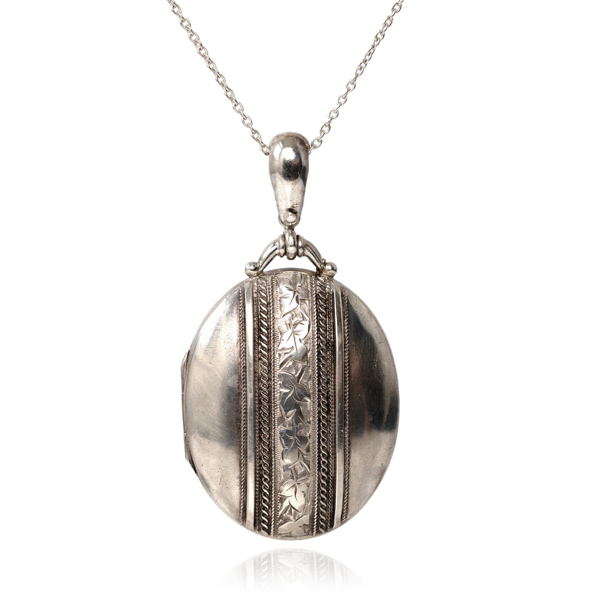 Antique 1883 Silver Ivy Oval Locket Necklace