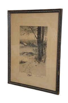 Antique 1887 Henry Pruett Share Signed Winter Farm Landscape Etching 20"